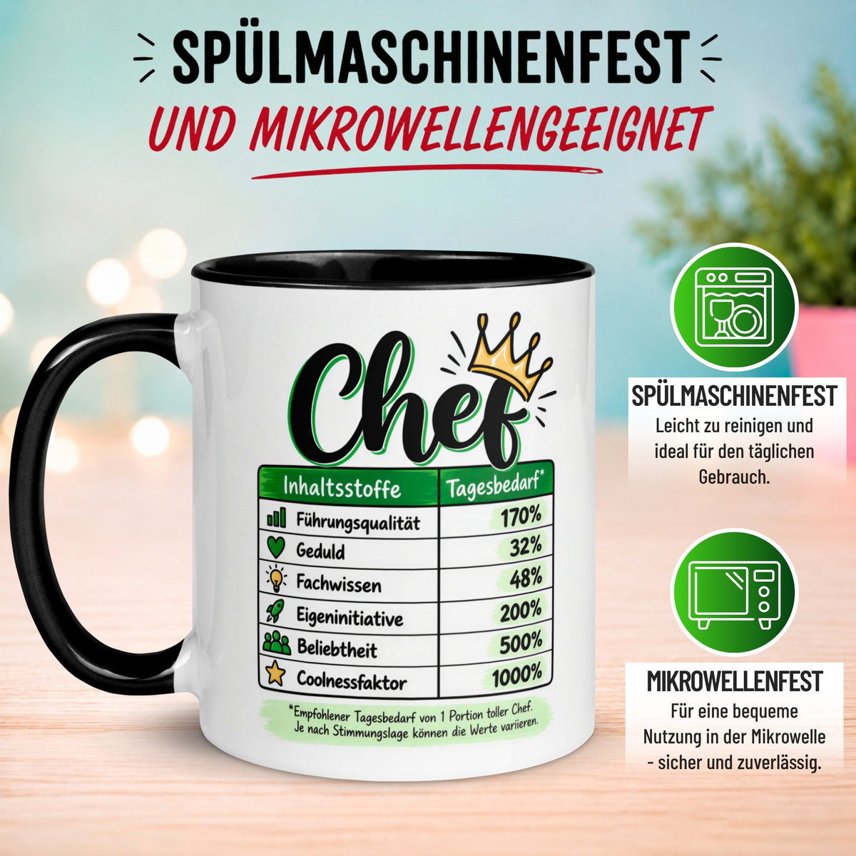 Tasse Chef – „Inhaltsstoffe - Führungsqualität und Coolness“ – Geschenk Bester Chef