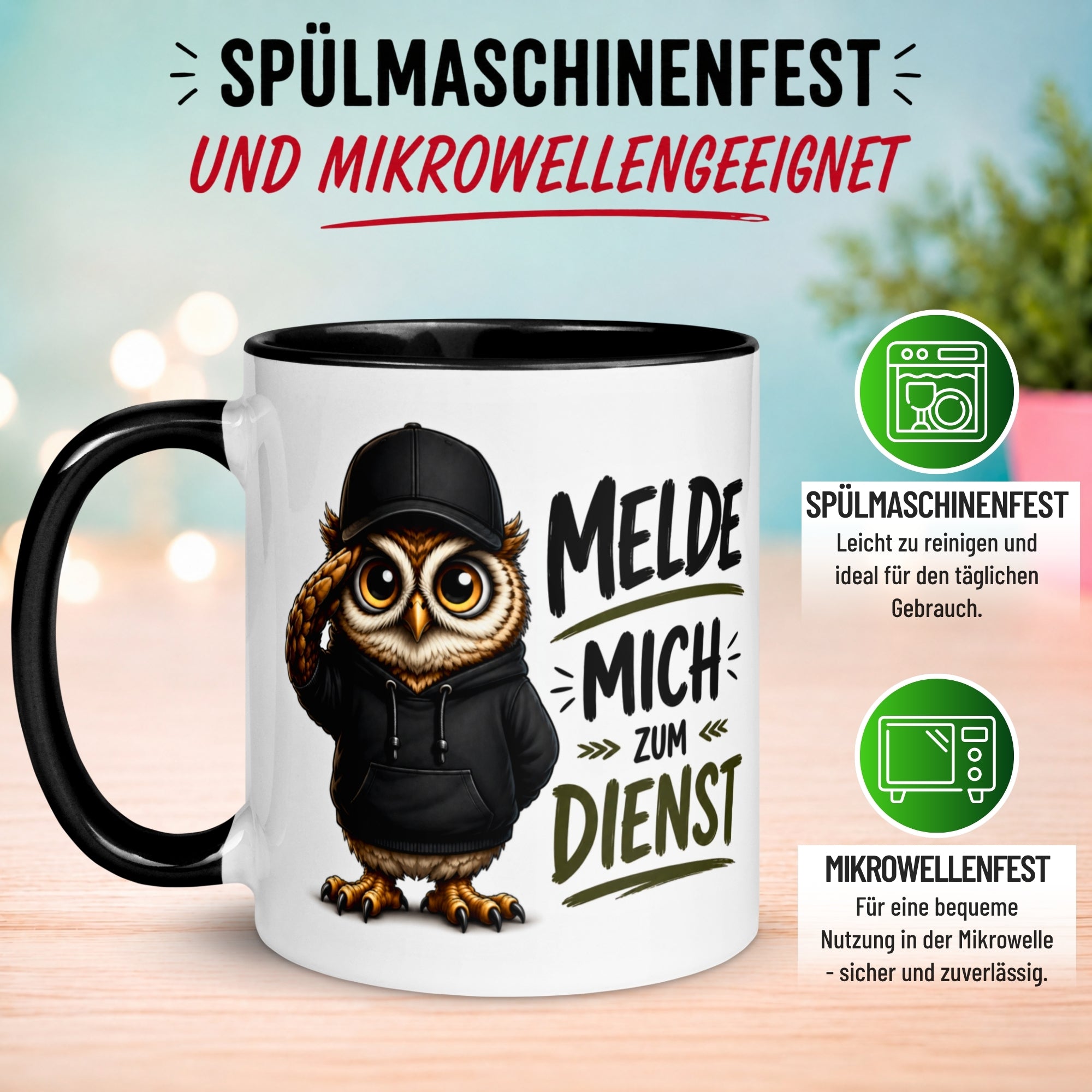 Tasse Eule – „Melde mich zum Dienst“ – lustiger Eulen Geschenk Becher für Morgenmuffel
