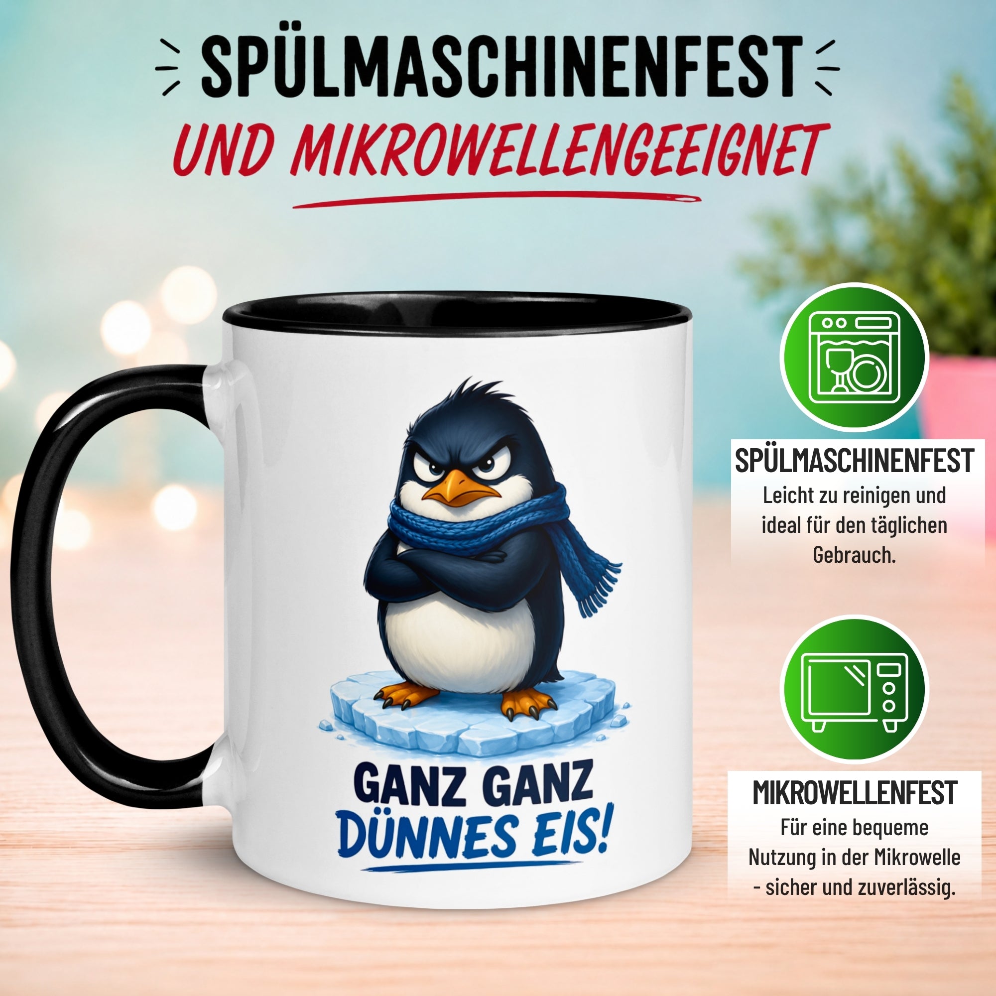 Tasse Pinguin – „Ganz ganz dünnes Eis“ – lustiger Geschenk Becher für Morgenmuffel
