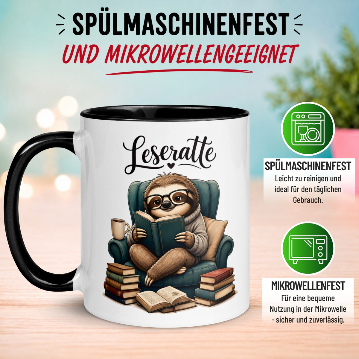 Tasse Faultier – „Sessel und Buch“ – lustiger Geschenk Becher für Leseratten