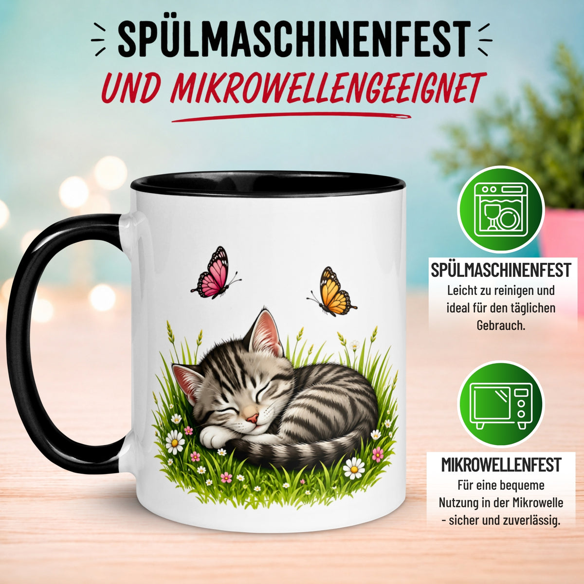 Tasse Katze – „Schlafende Katze mit Schmetterlingen“ – lustiger Katzen Geschenk Becher