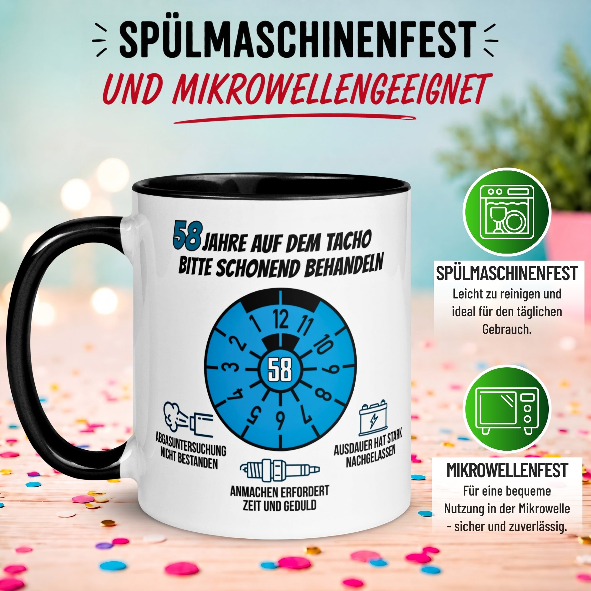 Tasse 58. Geburtstag Mann – „58 Jahre auf dem Tacho - Schonend Behandeln“ – Geschenk zum Geburtstag für Männer