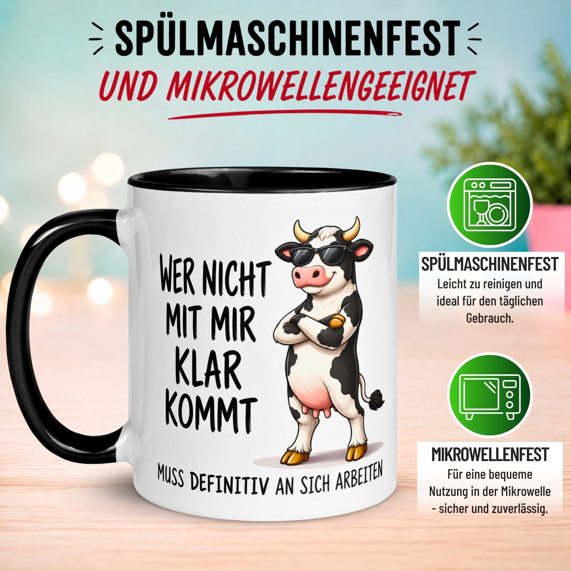 Tasse Kuh – „Wer nicht mit mir klar kommt“ – lustiger Kuh Geschenk Becher