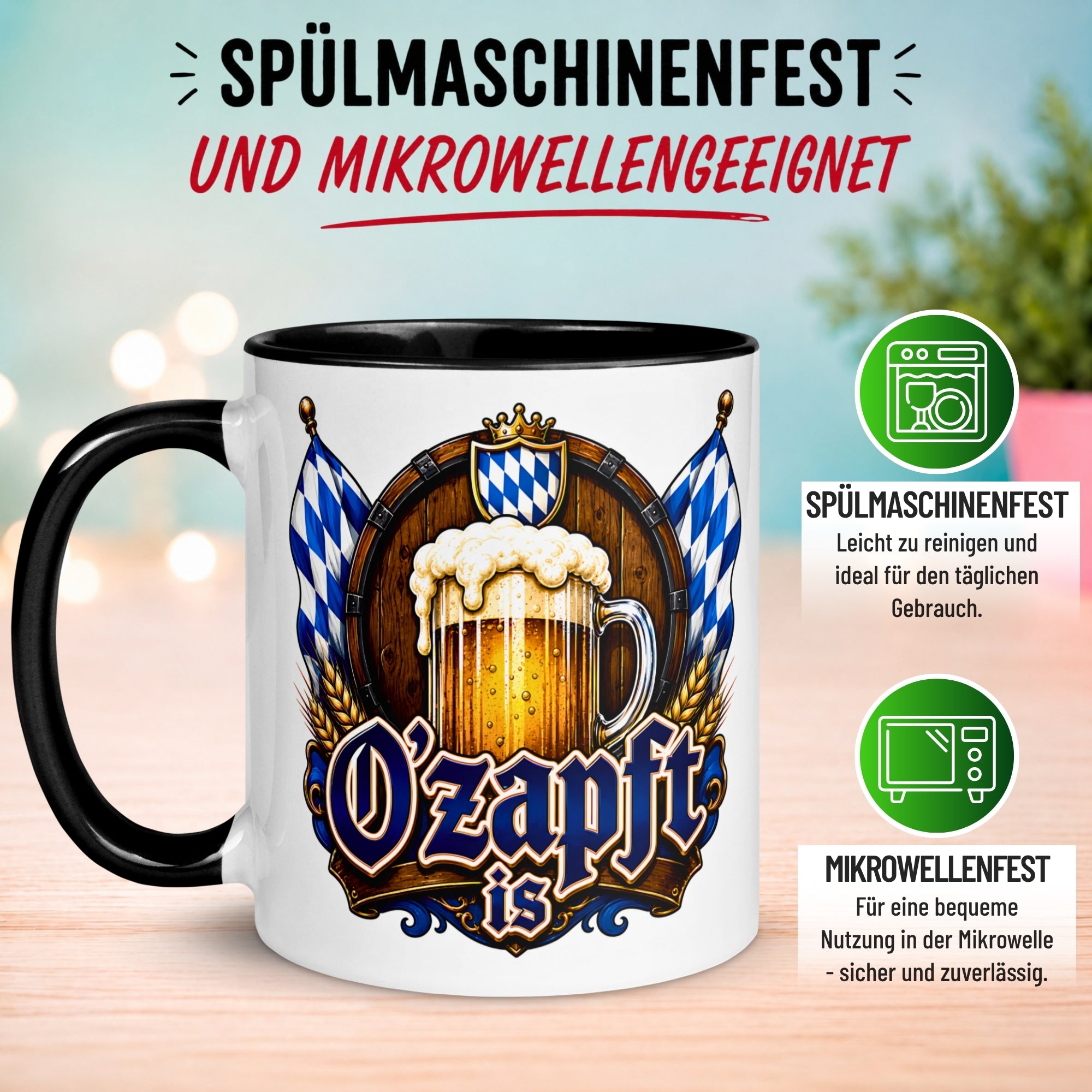 Tasse Bayrische Kaffeetasse – „O’zapft is“ – Bierglas Männergeschenk