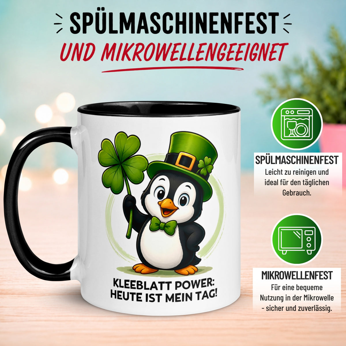 Tasse Pinguin – „Kleeblatt Power - Heute ist mein Tag“ – lustiger Geschenk Becher