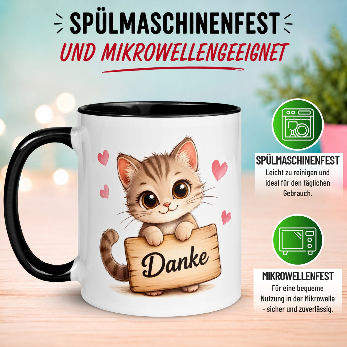 Tasse Danke – „Katze mit Danke Schild“ – Dankeschön Geschenke