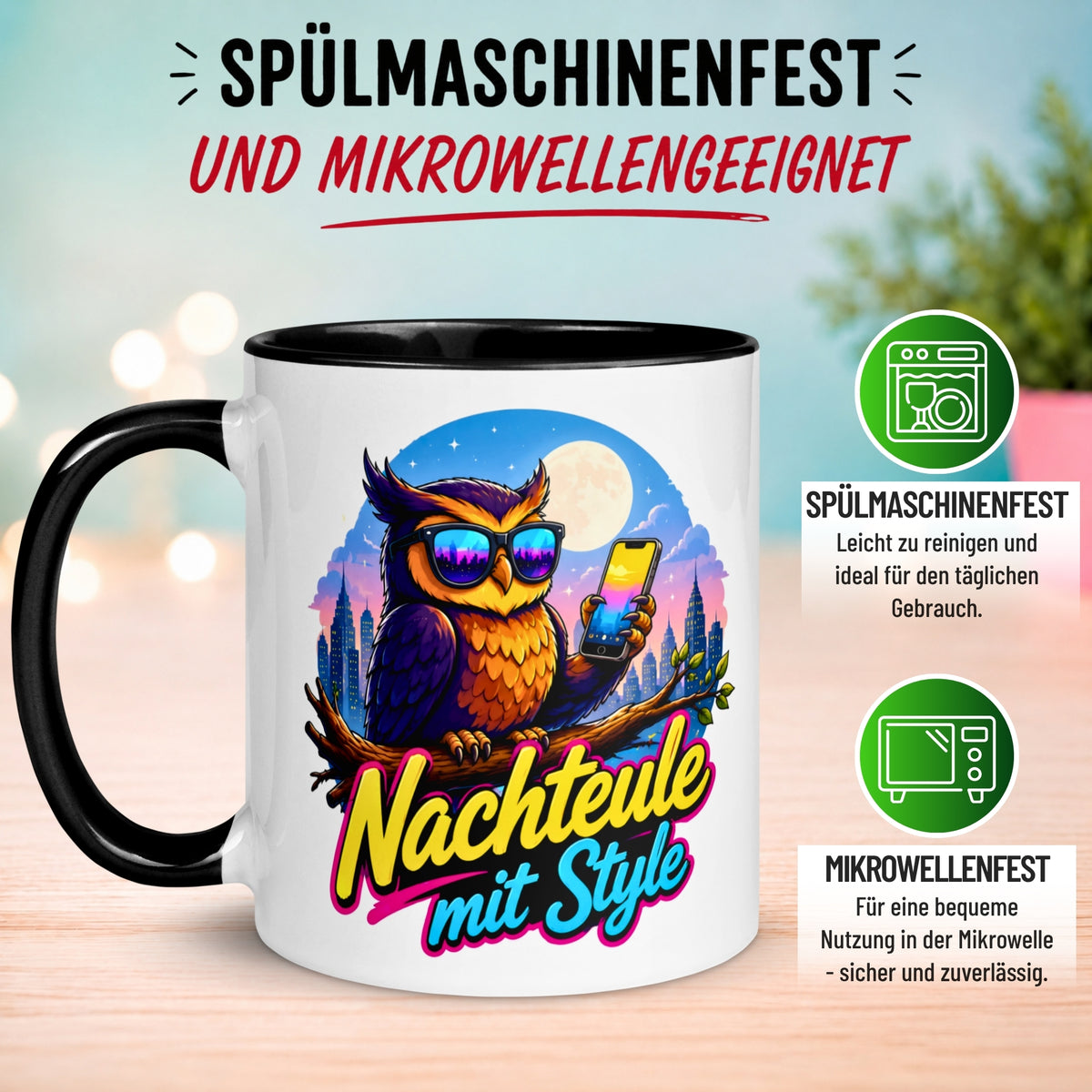 Tasse Eule – „Nachteule mit Style“ – lustiger Eulen Geschenk Becher für Nachtschwärmer