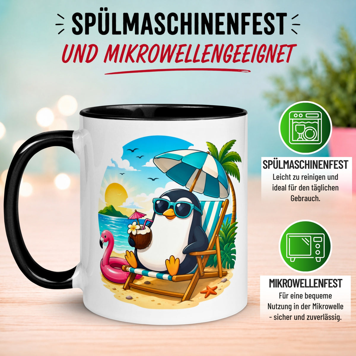 Tasse Pinguin – „Chilliger Pinguin am Strand“ – lustiges Anti Stress Geschenk
