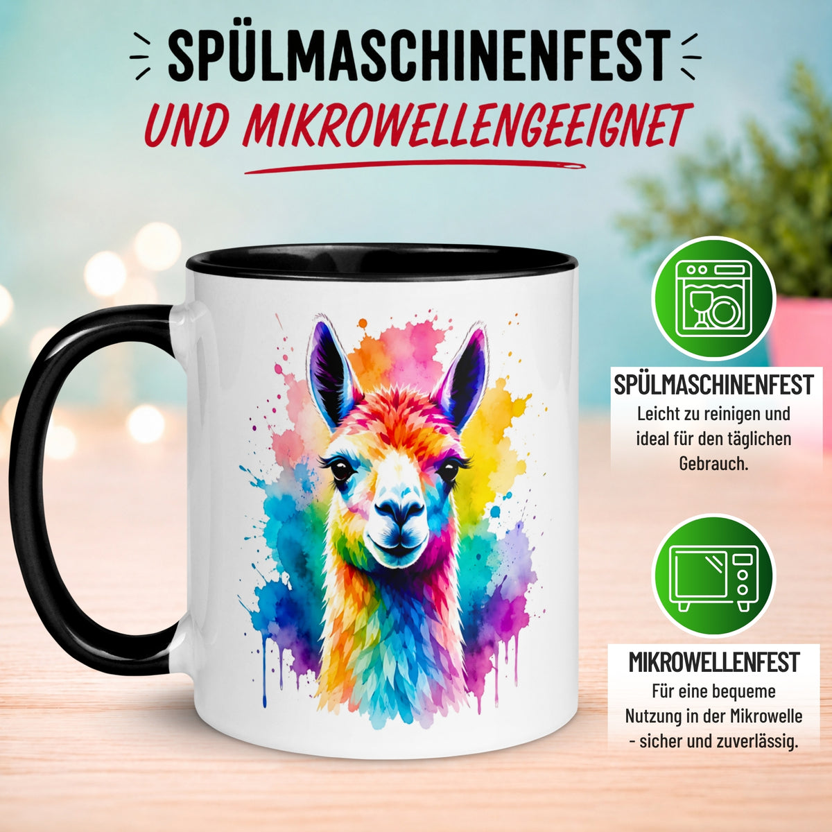Tasse Lama – „Buntes Aquarell Farbenspiel“ – Alpaka Geschenk Becher