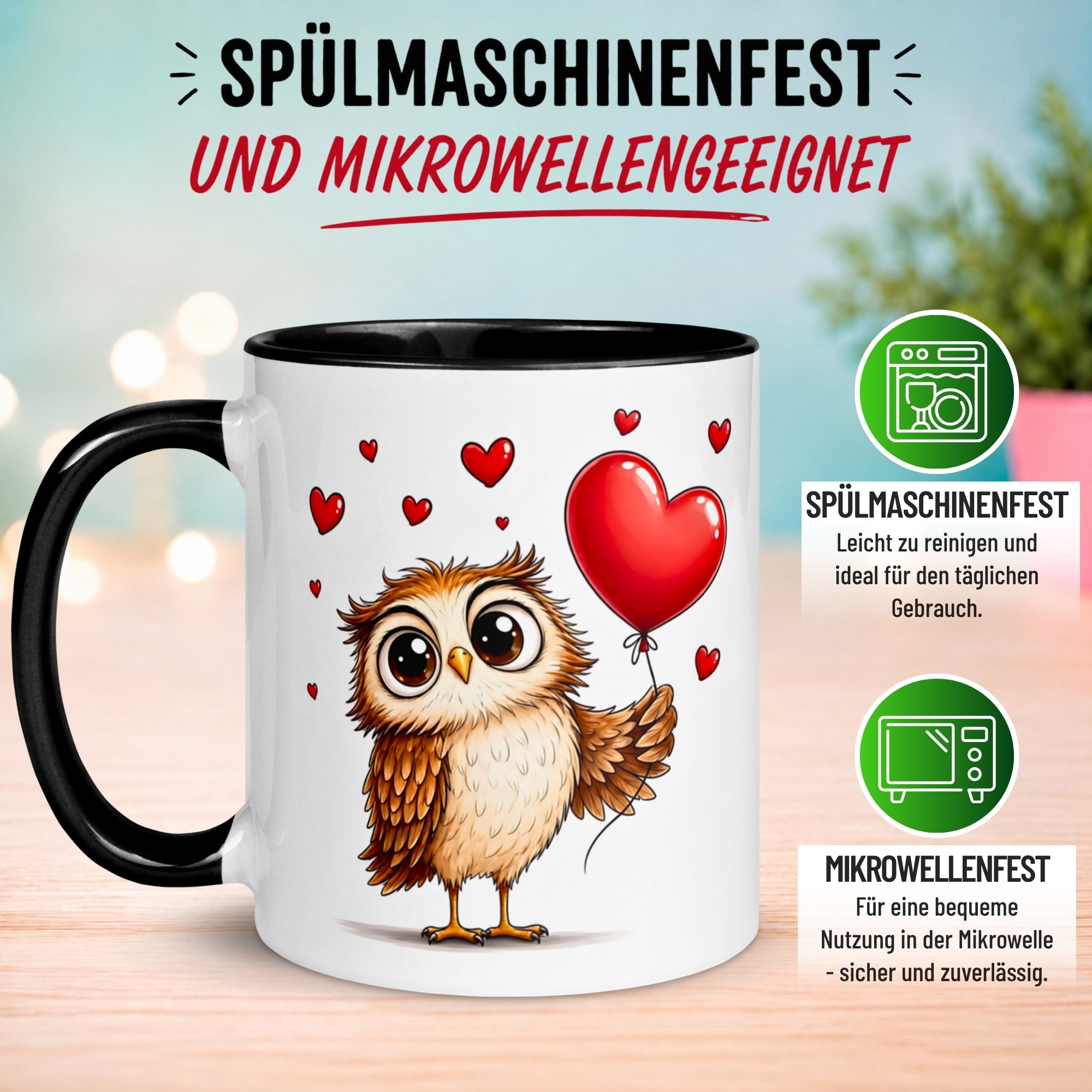 Tasse Eule – „Verliebte Eule mit Herz“ – Eulen Geschenk Becher für Lieblingsmenschen