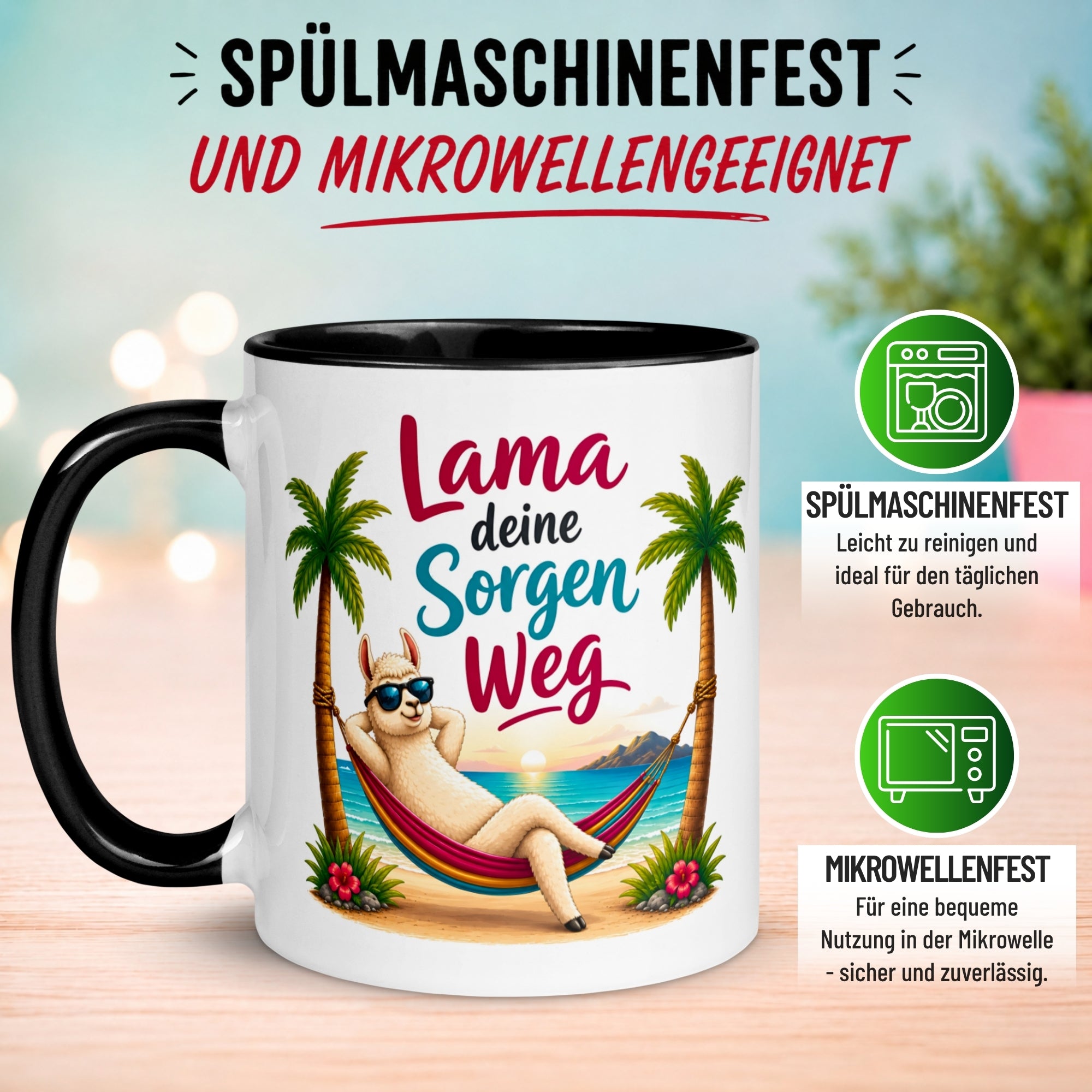 Tasse Lama – „Lama deine Sorgen weg“ – lustiger Geschenk Becher für Strand Fans