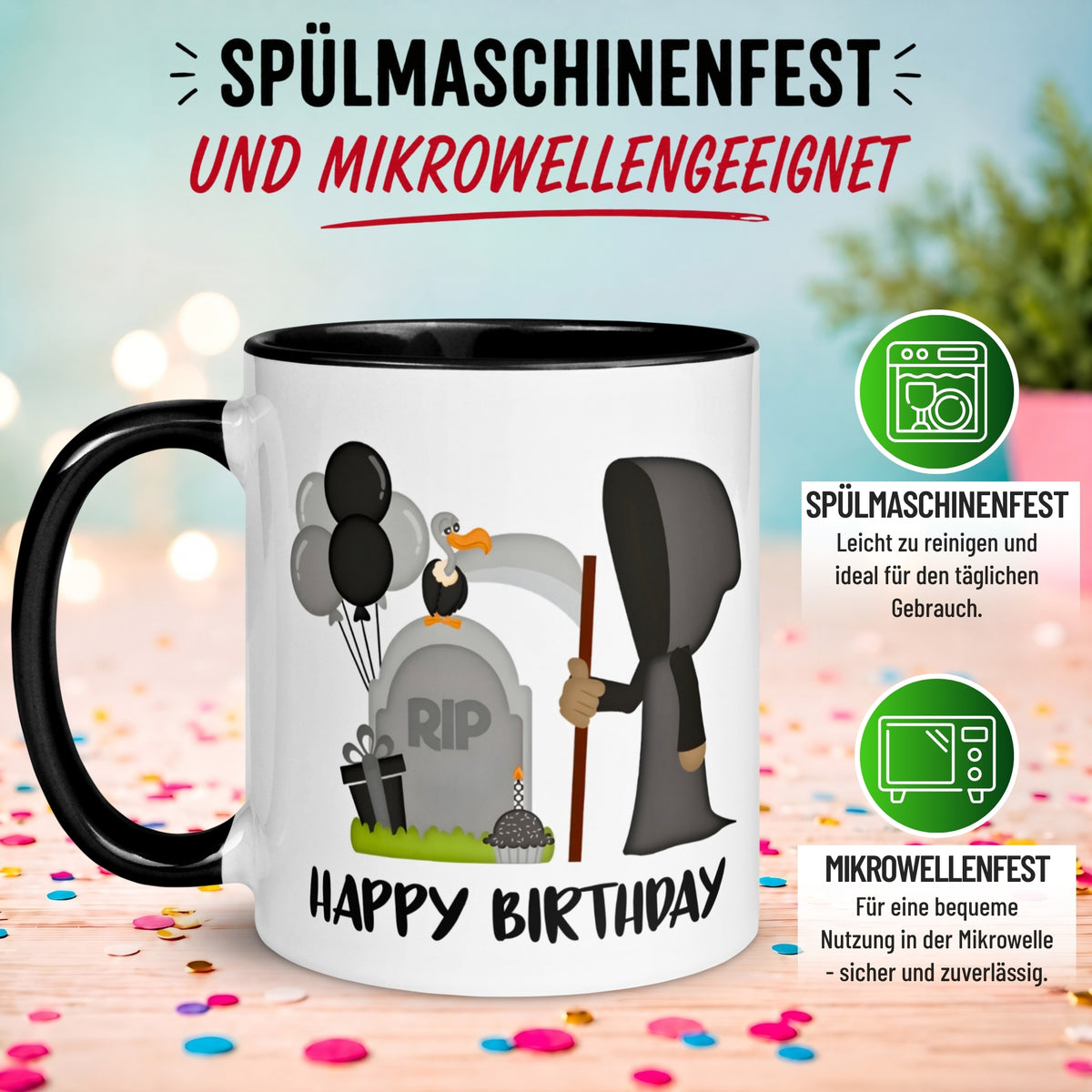 Tasse Geburtstag – „Happy Birthday – Sensenmann“ – Geburtstagstasse Mann Frau