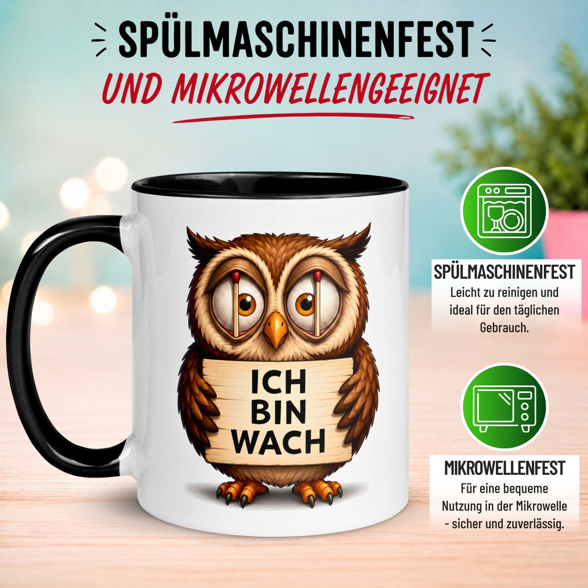 Tasse Eule – „Ich bin wach“ – lustiger Eulen Geschenk Becher für Morgenmuffel