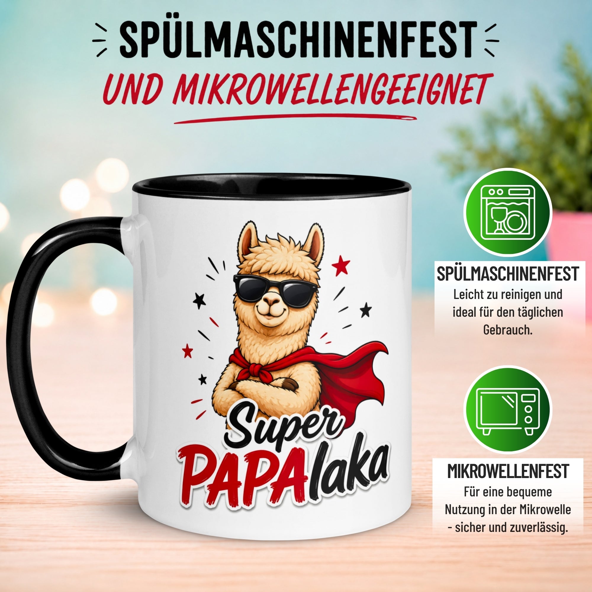 Tasse Alpaka – „Super PAPAlaka“ – lustiger Geschenk Becher für Superhelden Fans
