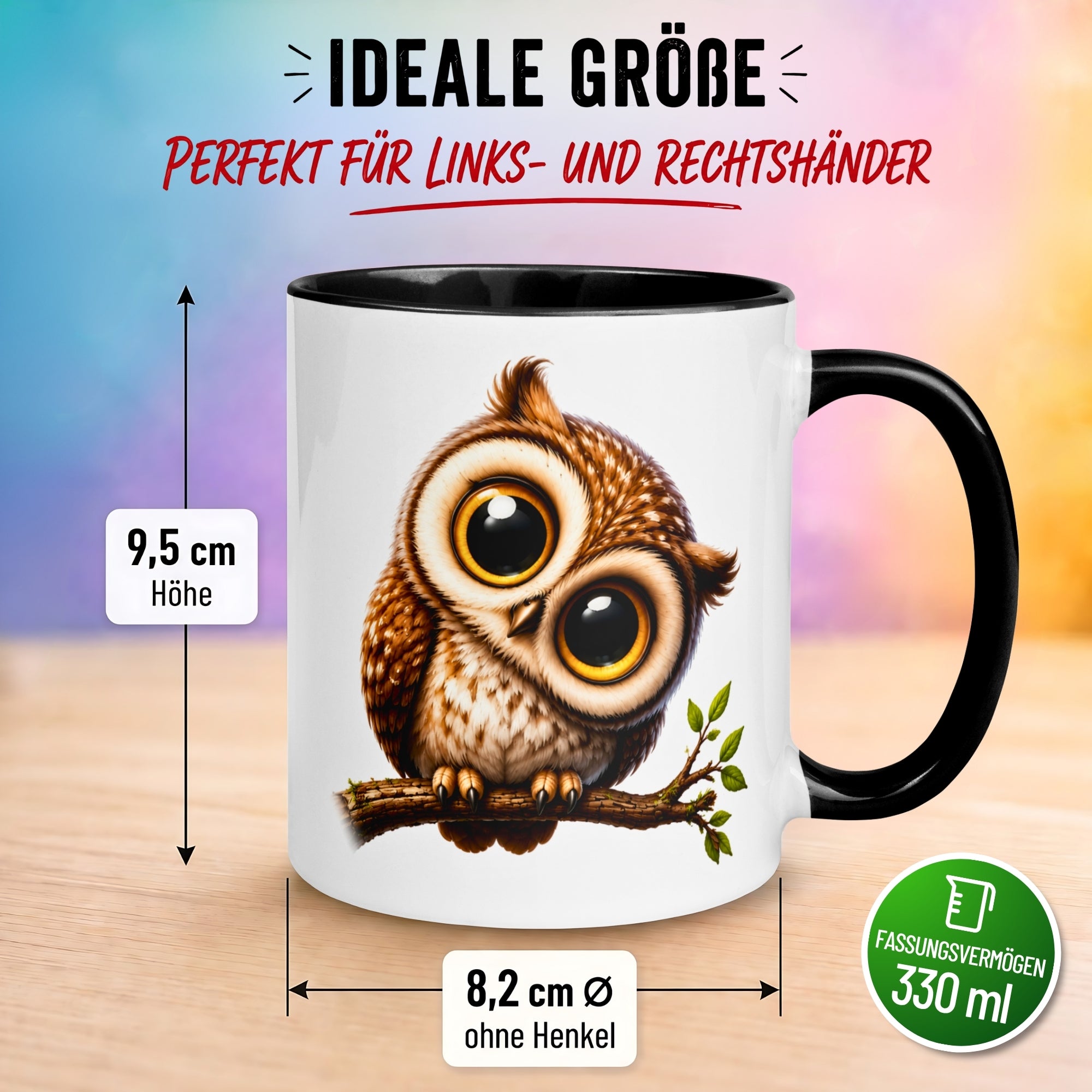 Tasse Eule – „Eule mit großen Augen“ – lustiger Eulen Geschenk Becher