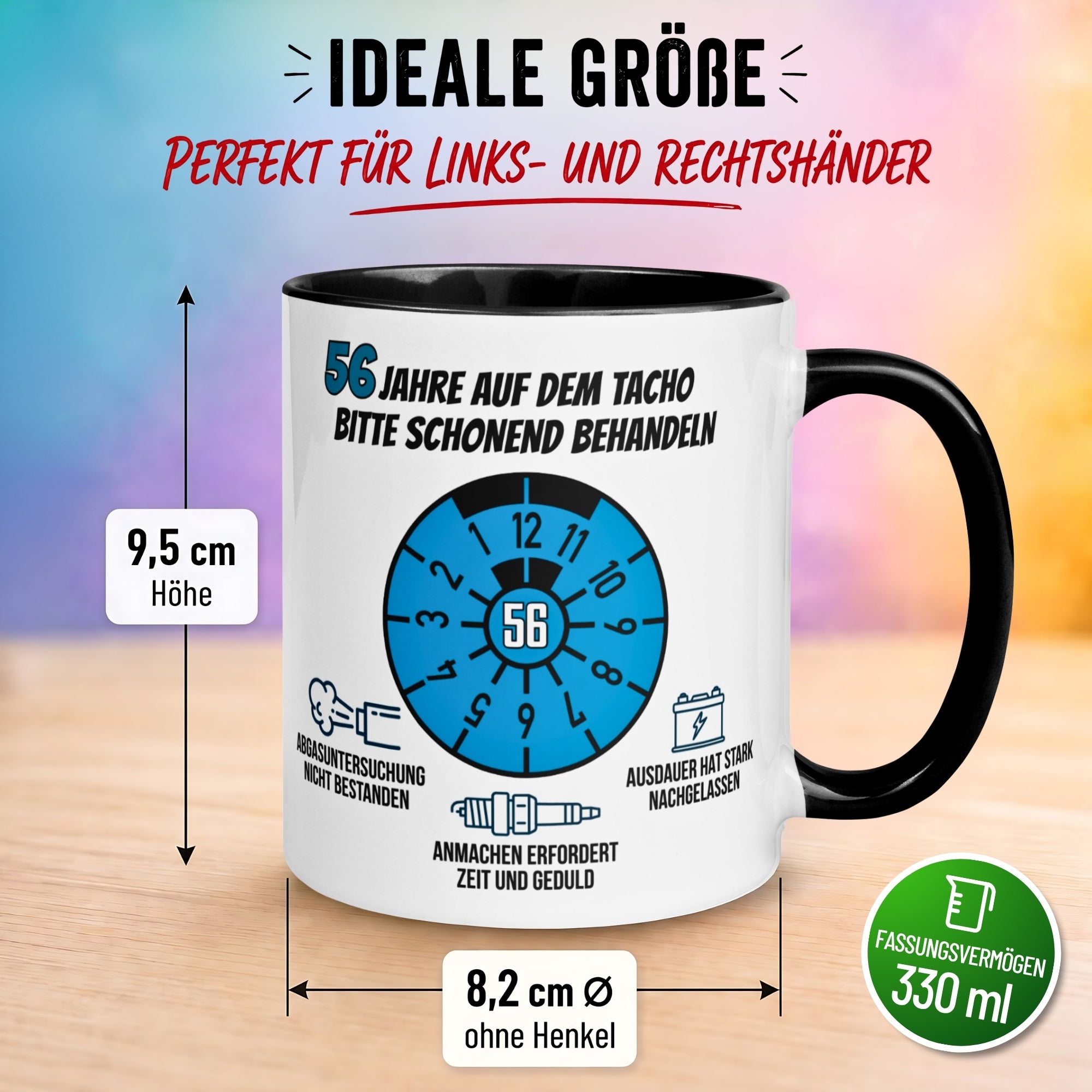Tasse 56. Geburtstag Mann – „56 Jahre auf dem Tacho - Schonend Behandeln“ – Geschenk zum Geburtstag für Männer