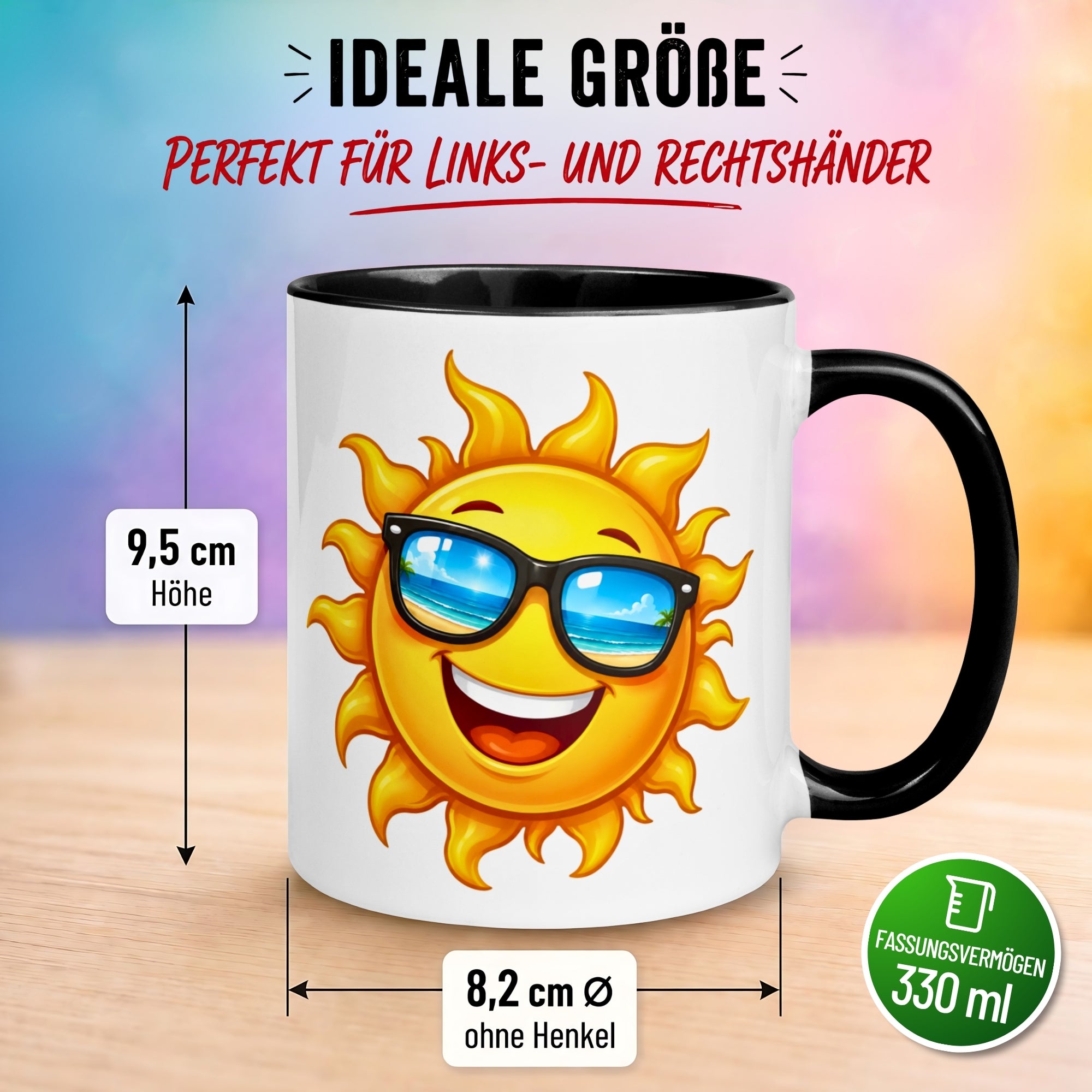 Tasse Guten Morgen – „Strahlende Sonne mit Sonnenbrille“ – Morgenmuffel Geschenk