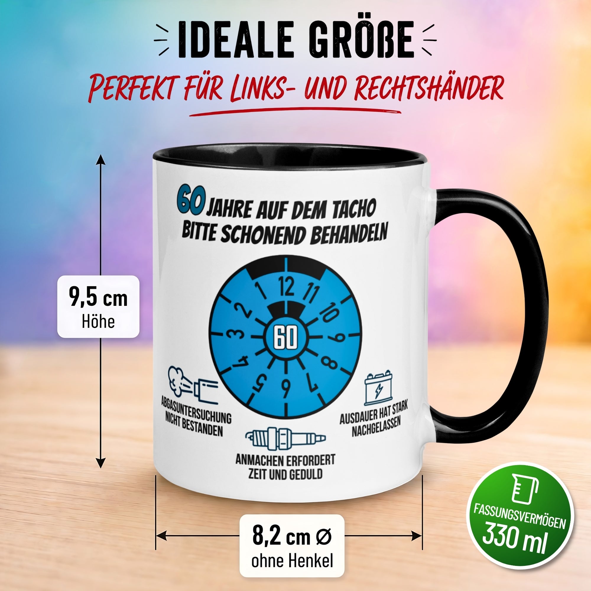 Tasse 60. Geburtstag Mann – „60 Jahre auf dem Tacho - Schonend Behandeln“ – Geschenk zum Geburtstag für Männer