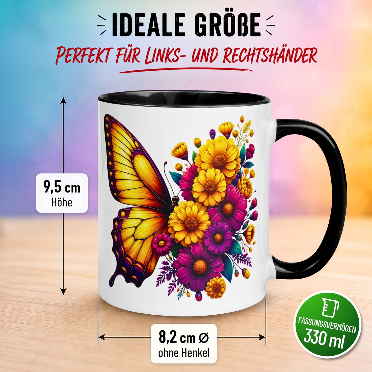 Tasse Schmetterling – „Blütendesign in Gelb“ – Geschenk mit Schmetterlingen