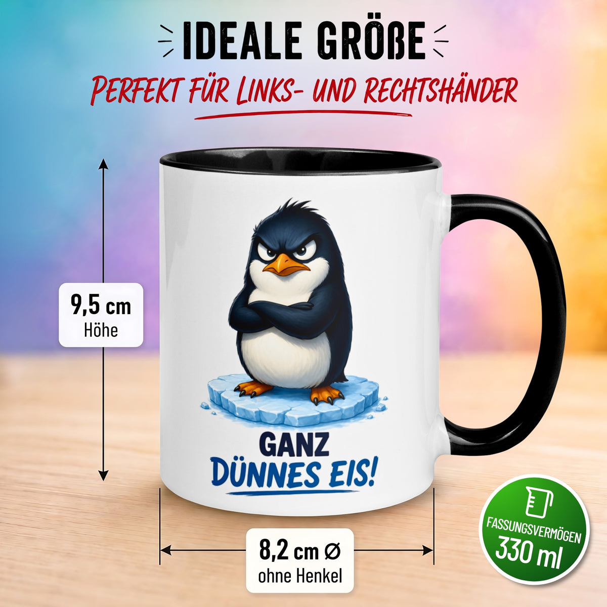 Tasse Pinguin – „Ganz dünnes Eis“ – lustiger Geschenk Becher für Morgenmuffel