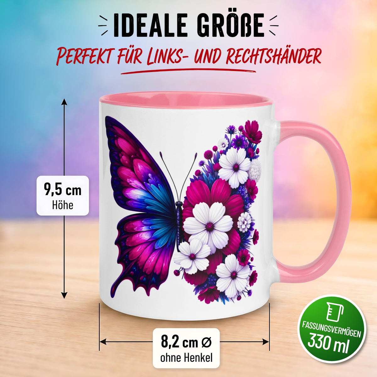 Tasse Schmetterling – „Blütendesign in Fuchsia“ – Geschenk mit Schmetterlingen