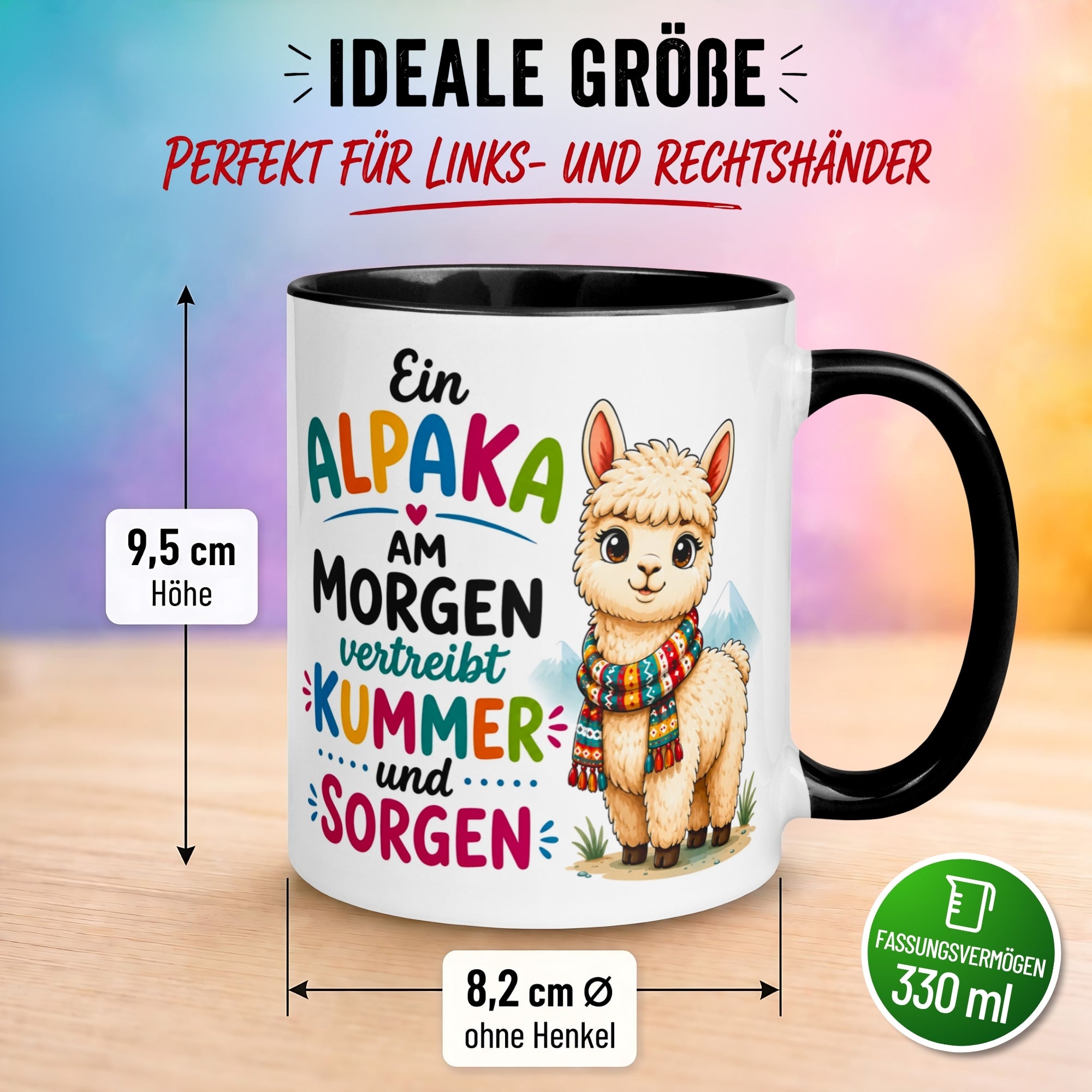 Tasse Alpaka– „Ein Alpaka am Morgen vertreibt Kummer und Sorgen“ – Geschenk Becher