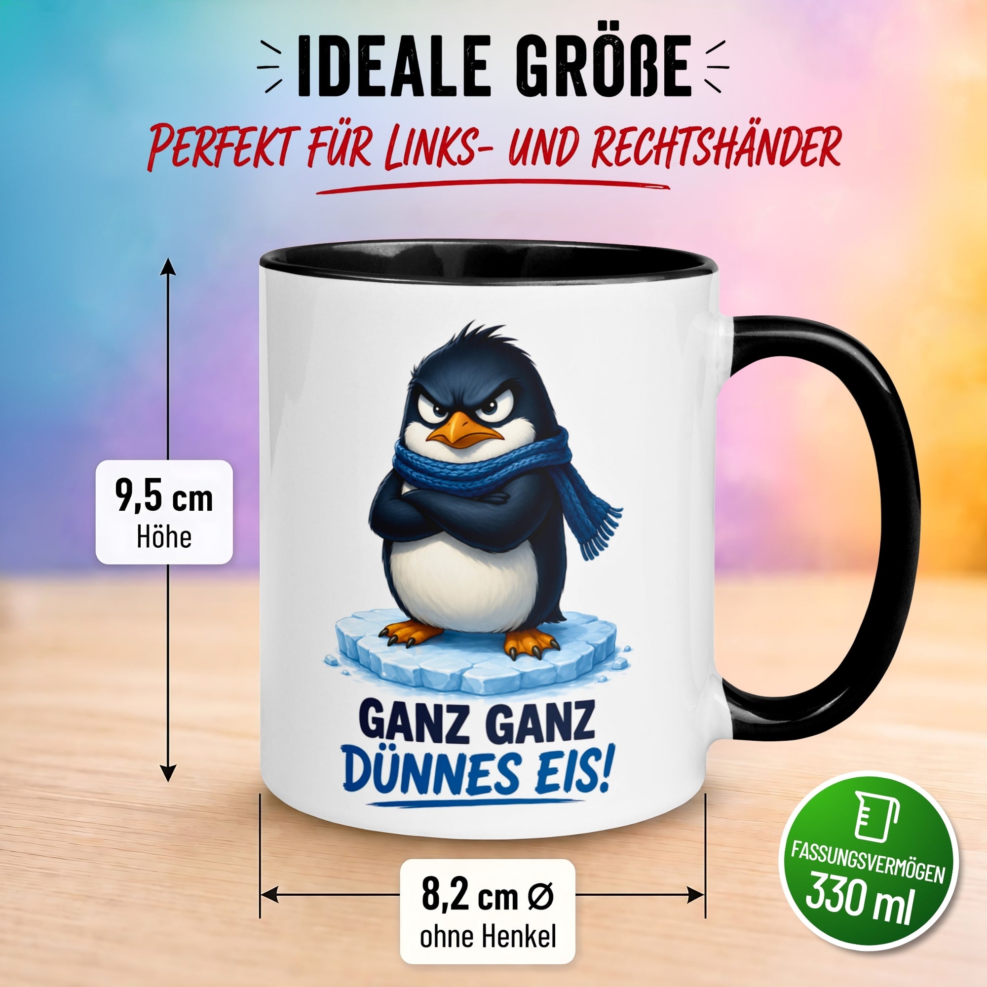 Tasse Pinguin – „Ganz ganz dünnes Eis“ – lustiger Geschenk Becher für Morgenmuffel