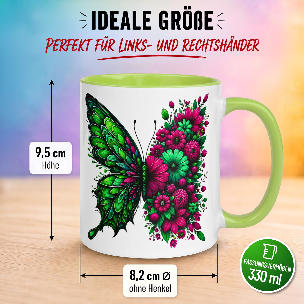 Tasse Schmetterling – „Blütendesign in Smaragdgrün“ – Geschenk mit Schmetterlingen