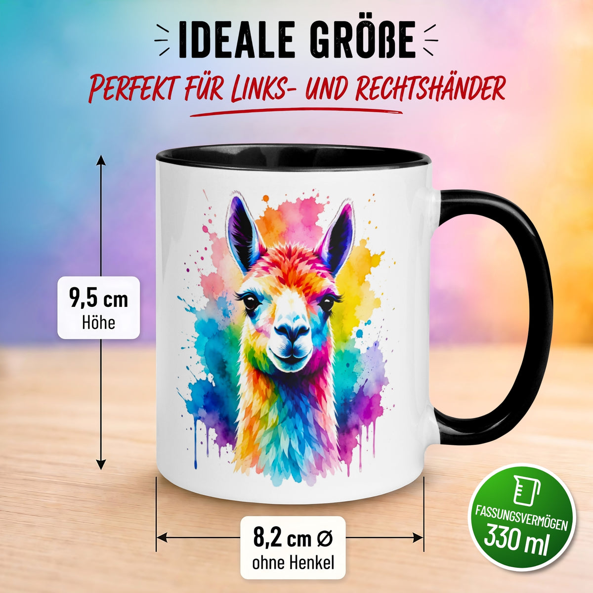 Tasse Lama – „Buntes Aquarell Farbenspiel“ – Alpaka Geschenk Becher