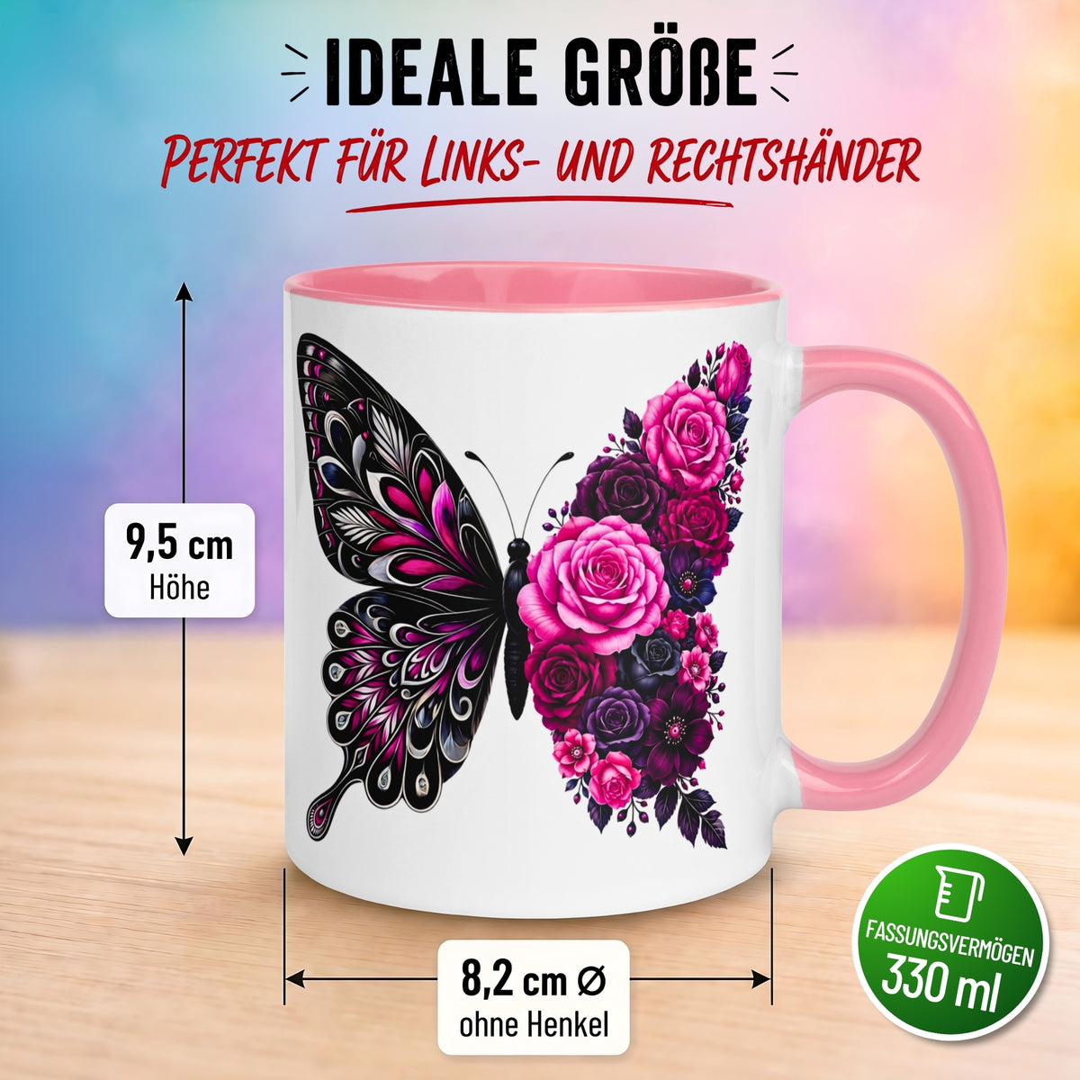Tasse Schmetterling – „Schwarzes Blütendesign“ – Geschenk mit Schmetterlingen