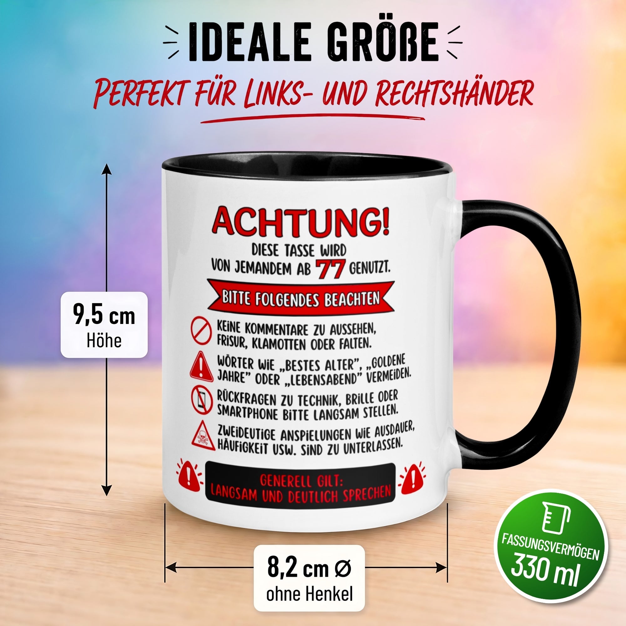 Tasse 77. Geburtstag Mann Frau – „Achtung – Diese Tasse wird von jemandem ab 77 genutzt“ – Geschenk zum Geburtstag Männer Frauen