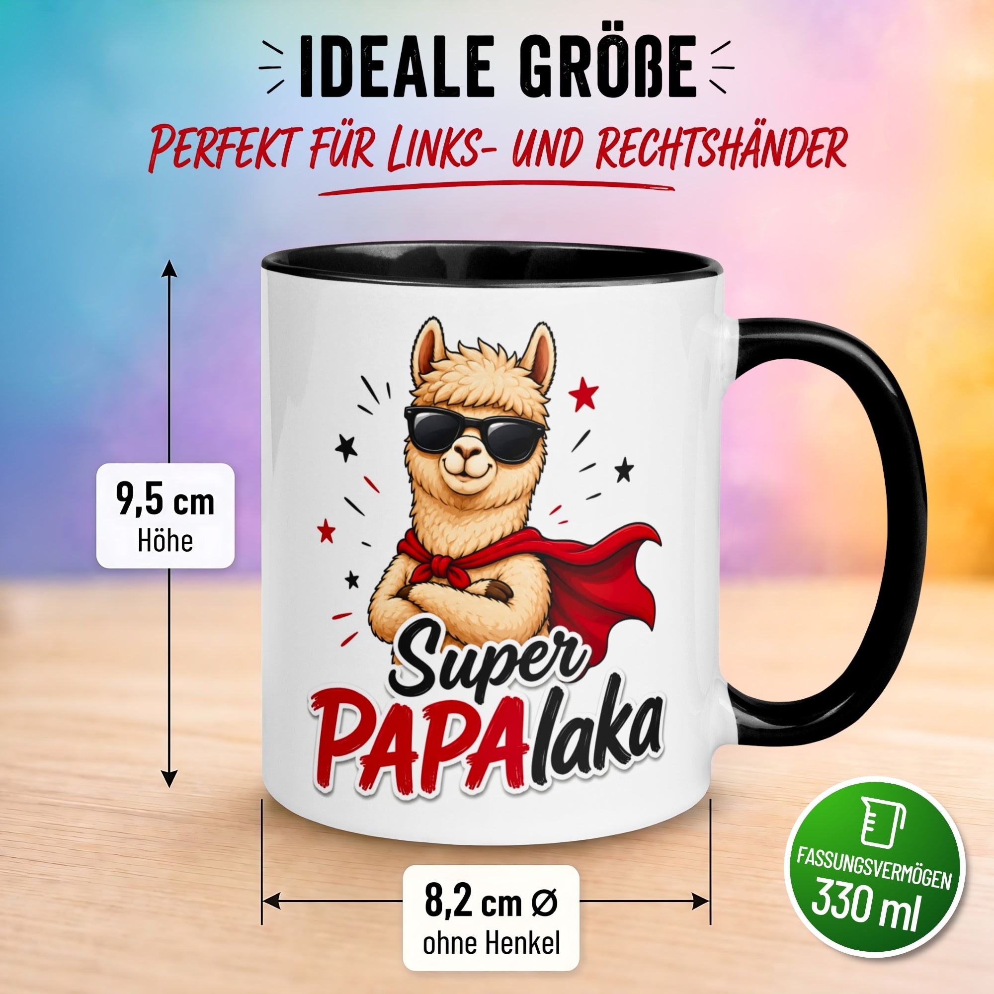 Tasse Alpaka – „Super PAPAlaka“ – lustiger Geschenk Becher für Superhelden Fans