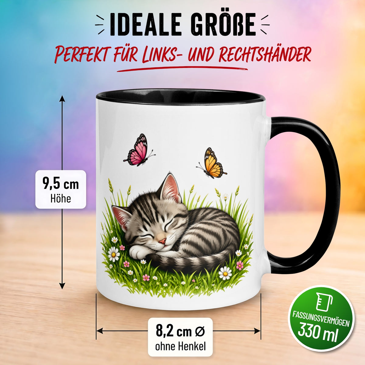 Tasse Katze – „Schlafende Katze mit Schmetterlingen“ – lustiger Katzen Geschenk Becher