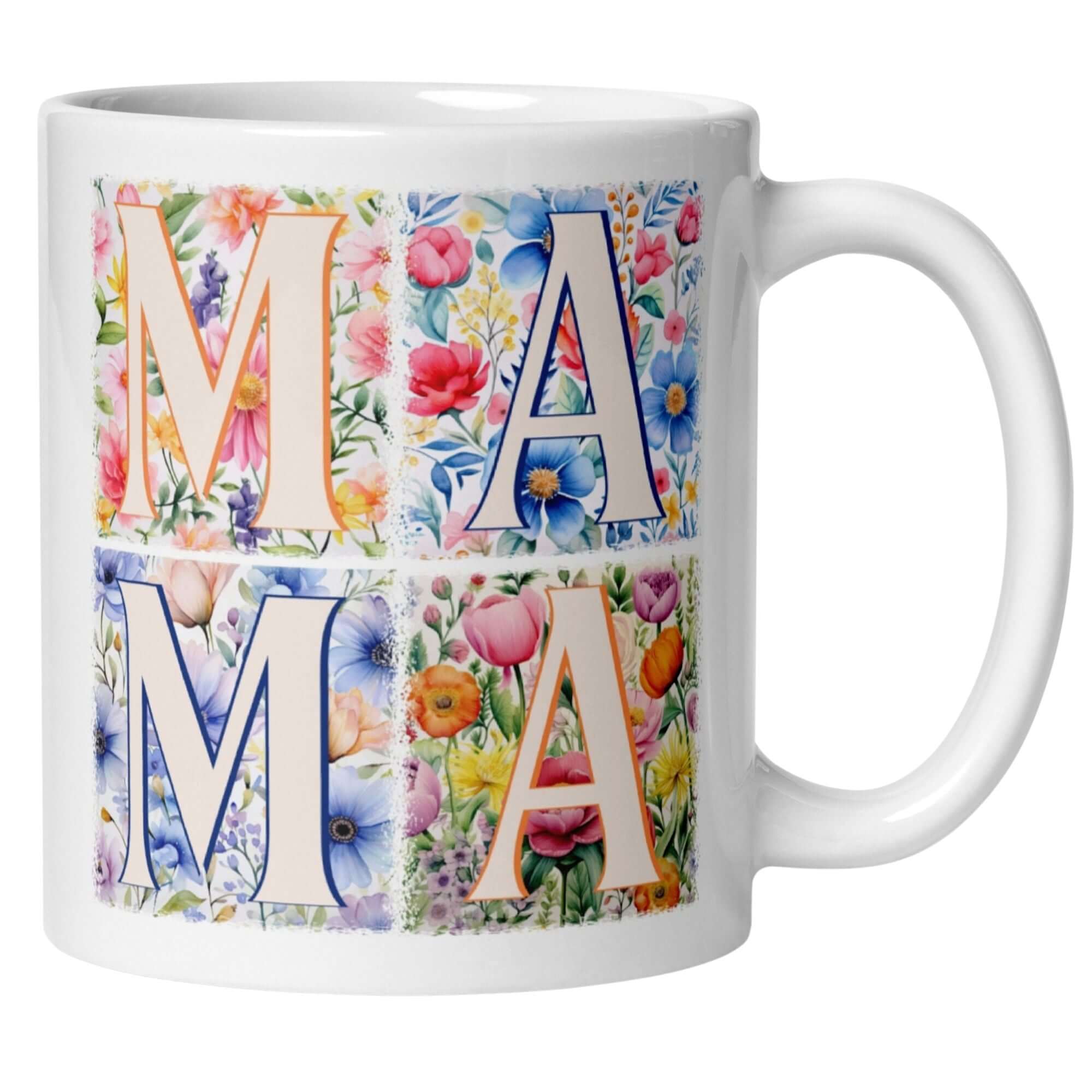 Florale Tasse mit dem Wort 'MAMA', bunten Blumen und elegantem Design, perfekt für Geschenke.
