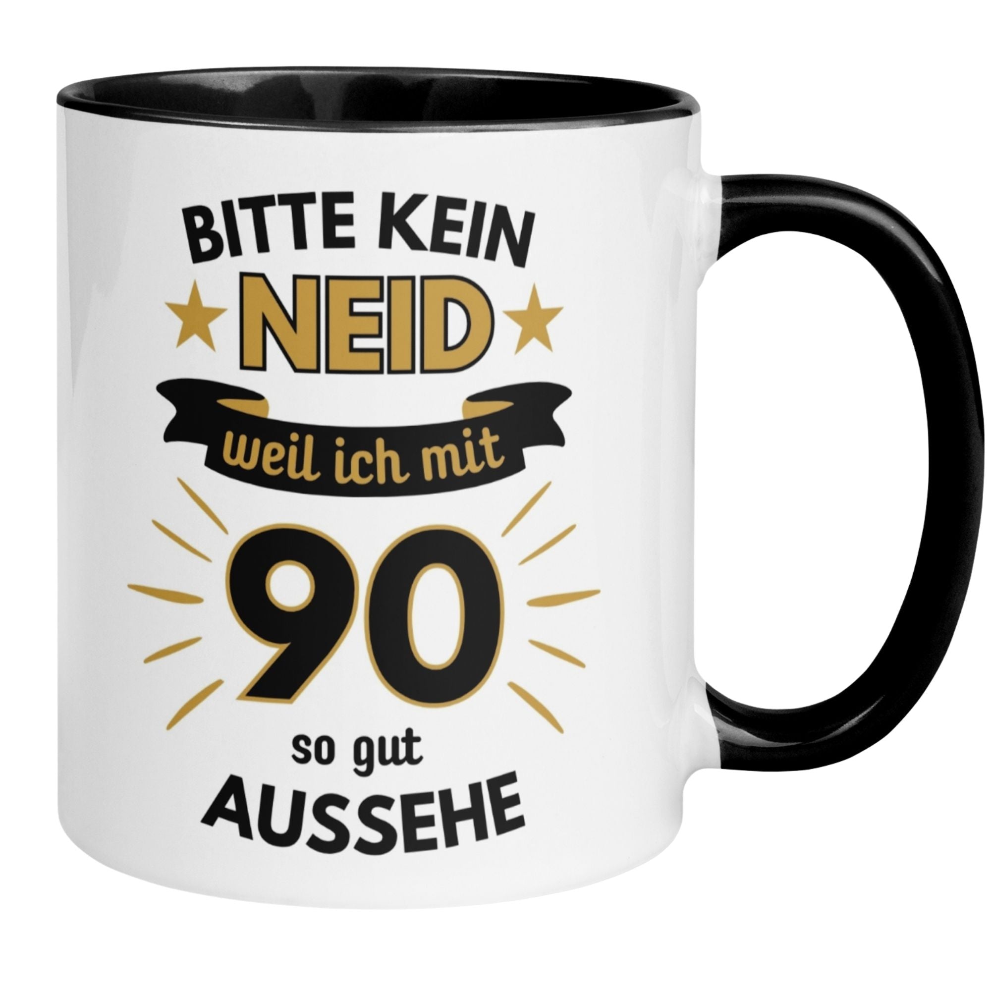 Humorvolle Geburtstagstasse zum 90. Geburtstag mit Spruch: 'Bitte kein Neid – weil ich mit 90 so gut aussehe'