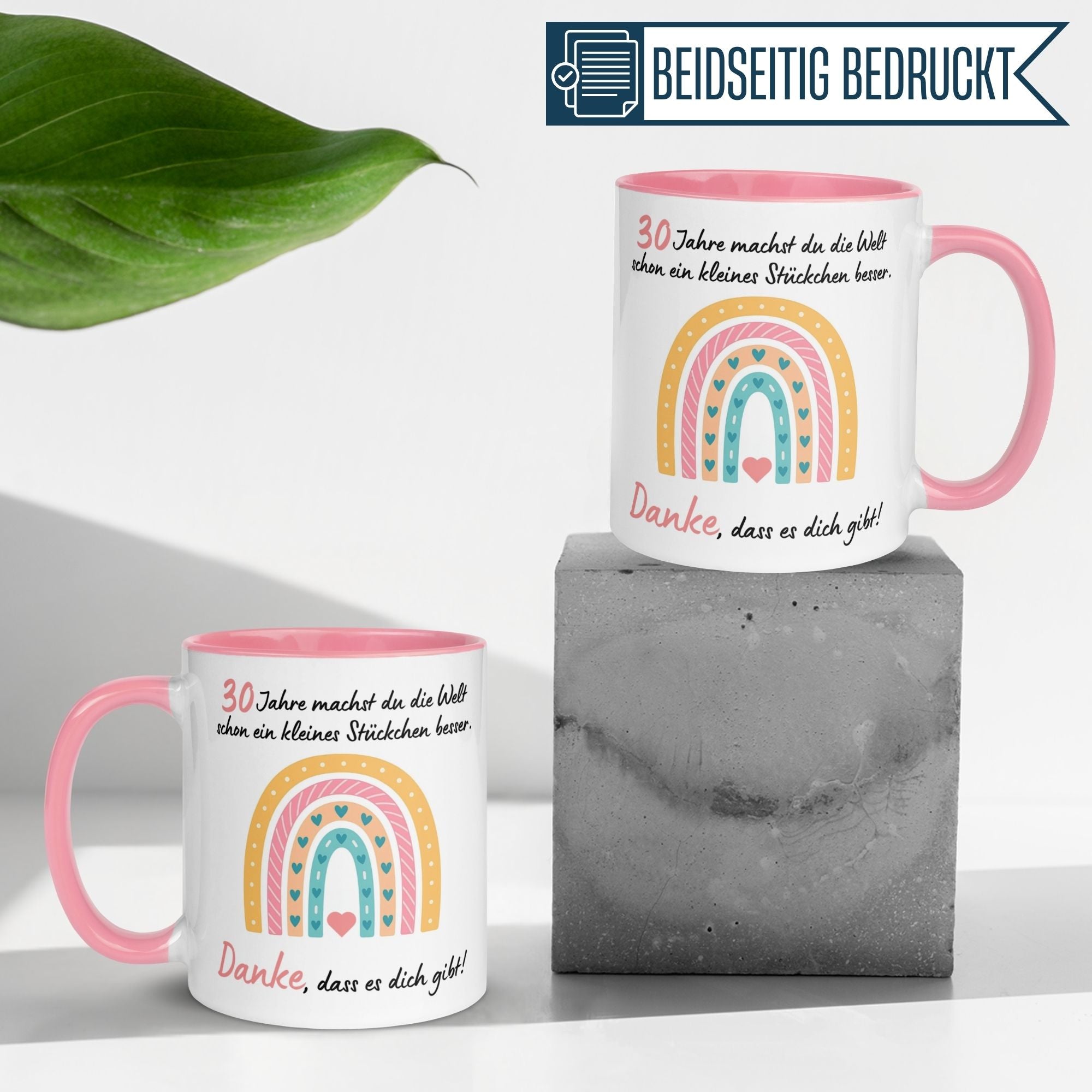 Hinreißende Momentals® Tasse zum 30. Geburtstag, bunt mit Herzmotiv und Dankeschön-Spruch.