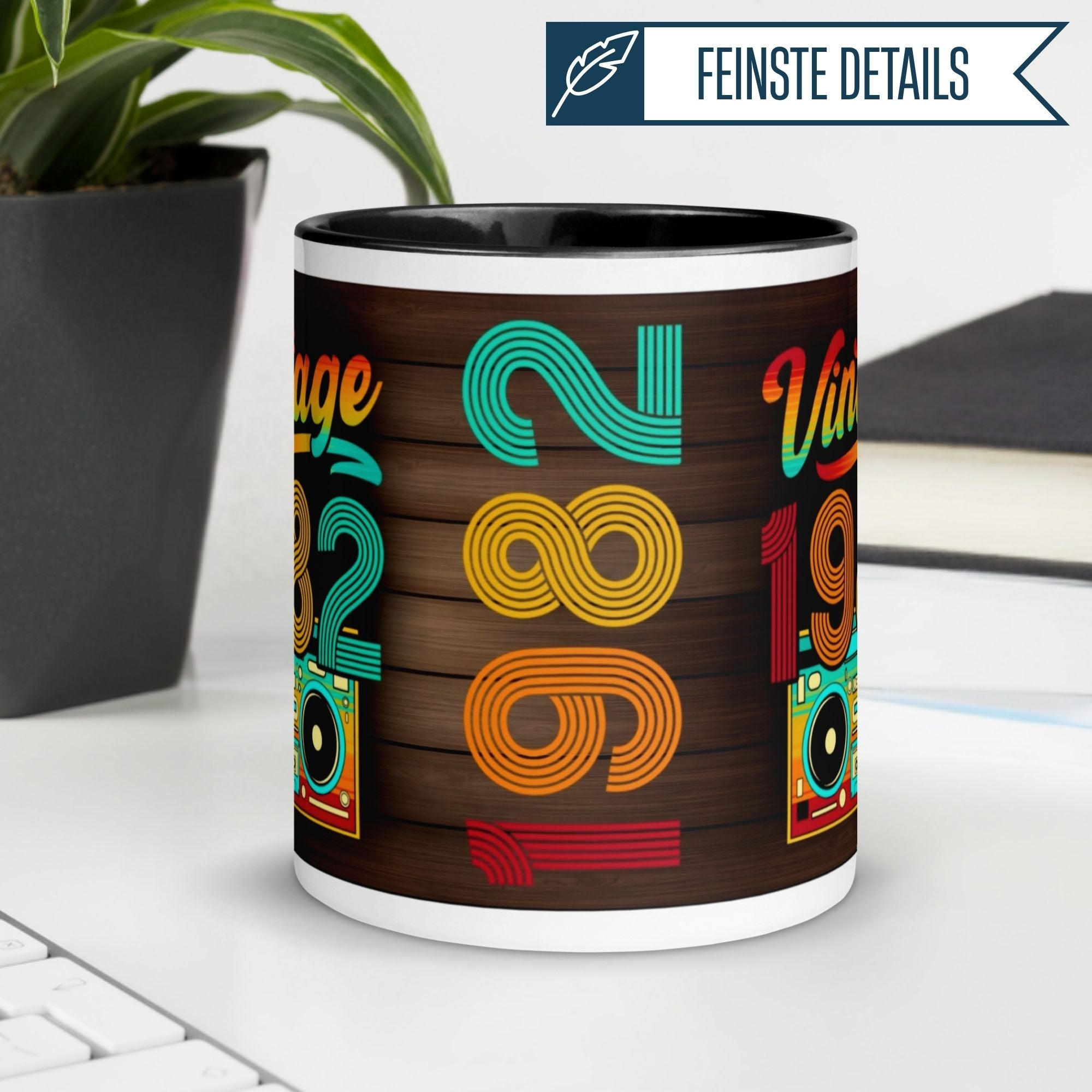 Vintage 1982 birthday mug with colorful retro design, perfect for celebrating the 43rd birthday.
