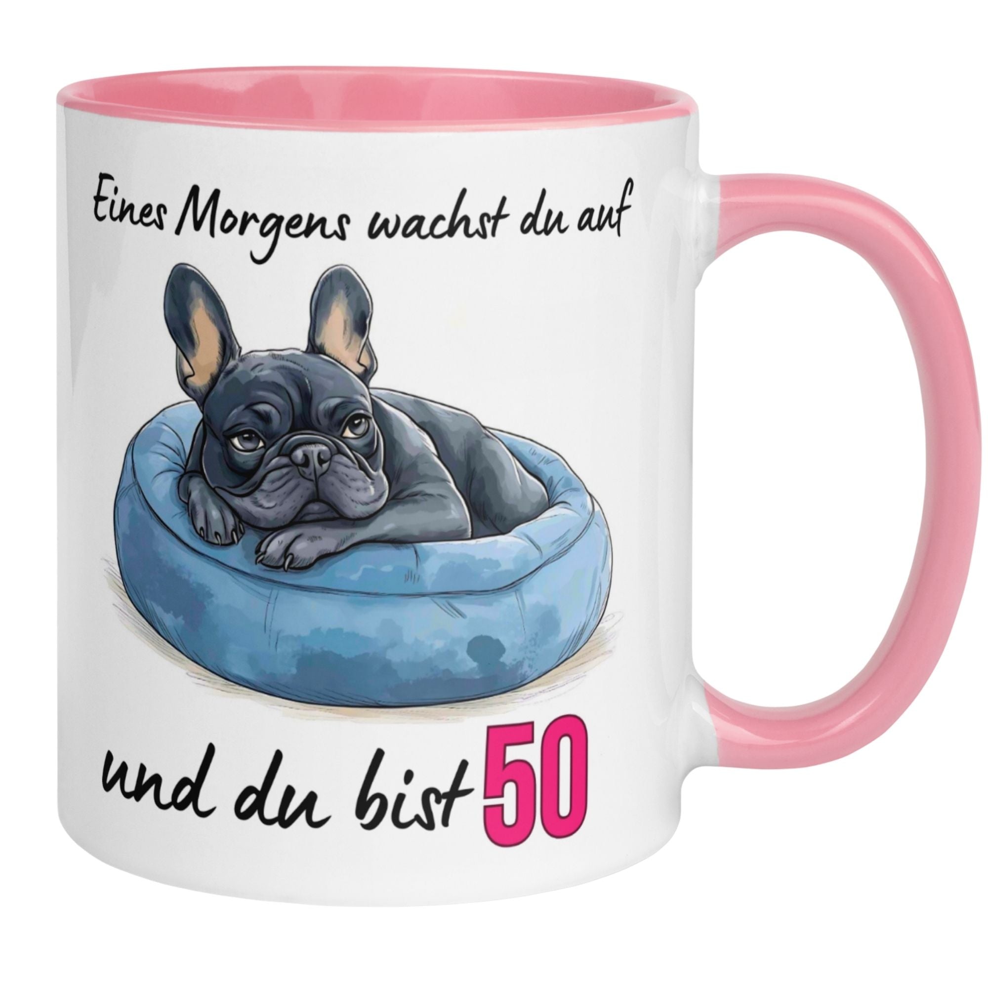 Momentals® Tasse zum 50. Geburtstag mit Frenchie und witzigem Spruch für Frauen.