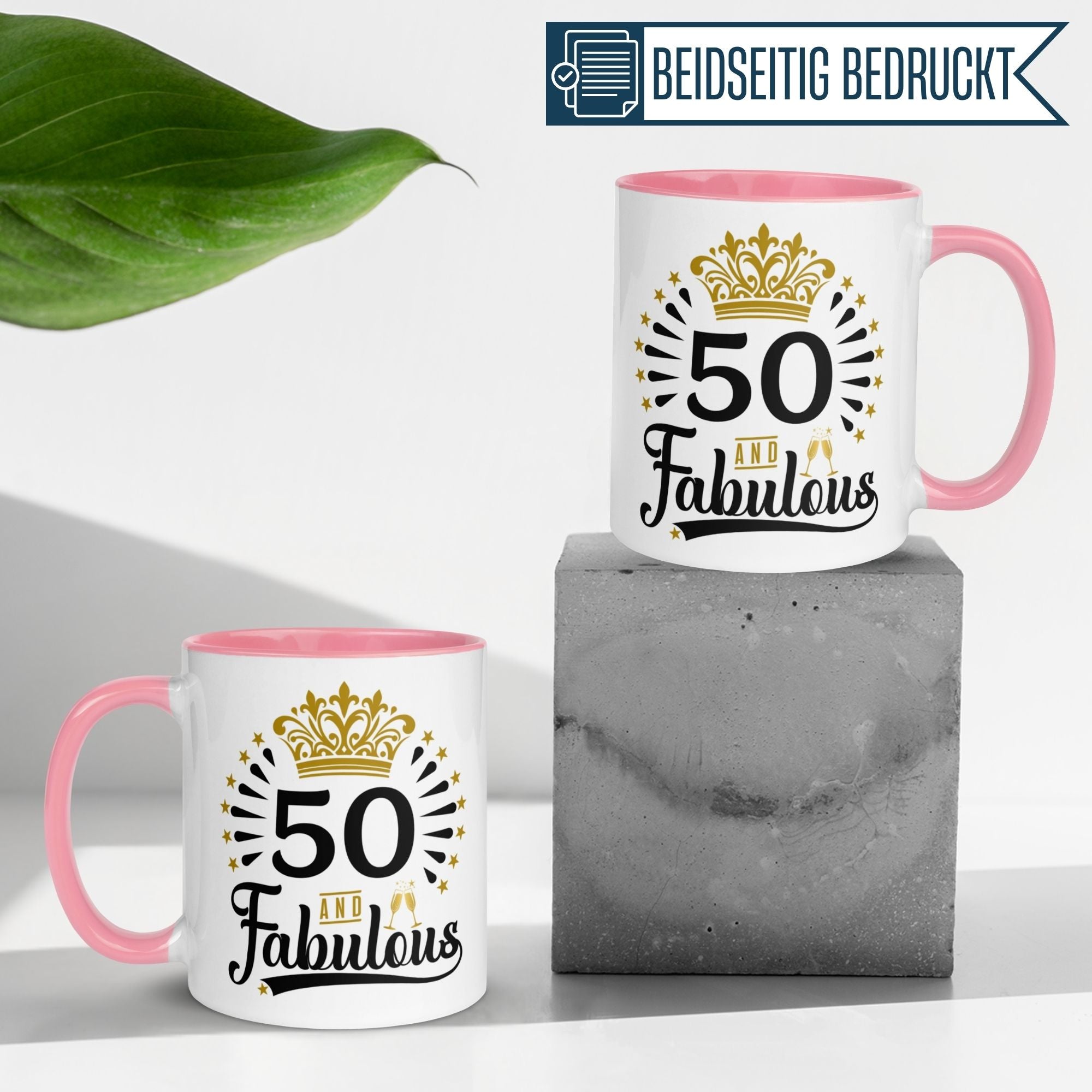 Momentals 50. Geburtstag Tasse "50 and Fabulous" mit Krone, rosa Henkel, witziges Geschenke für Frauen.