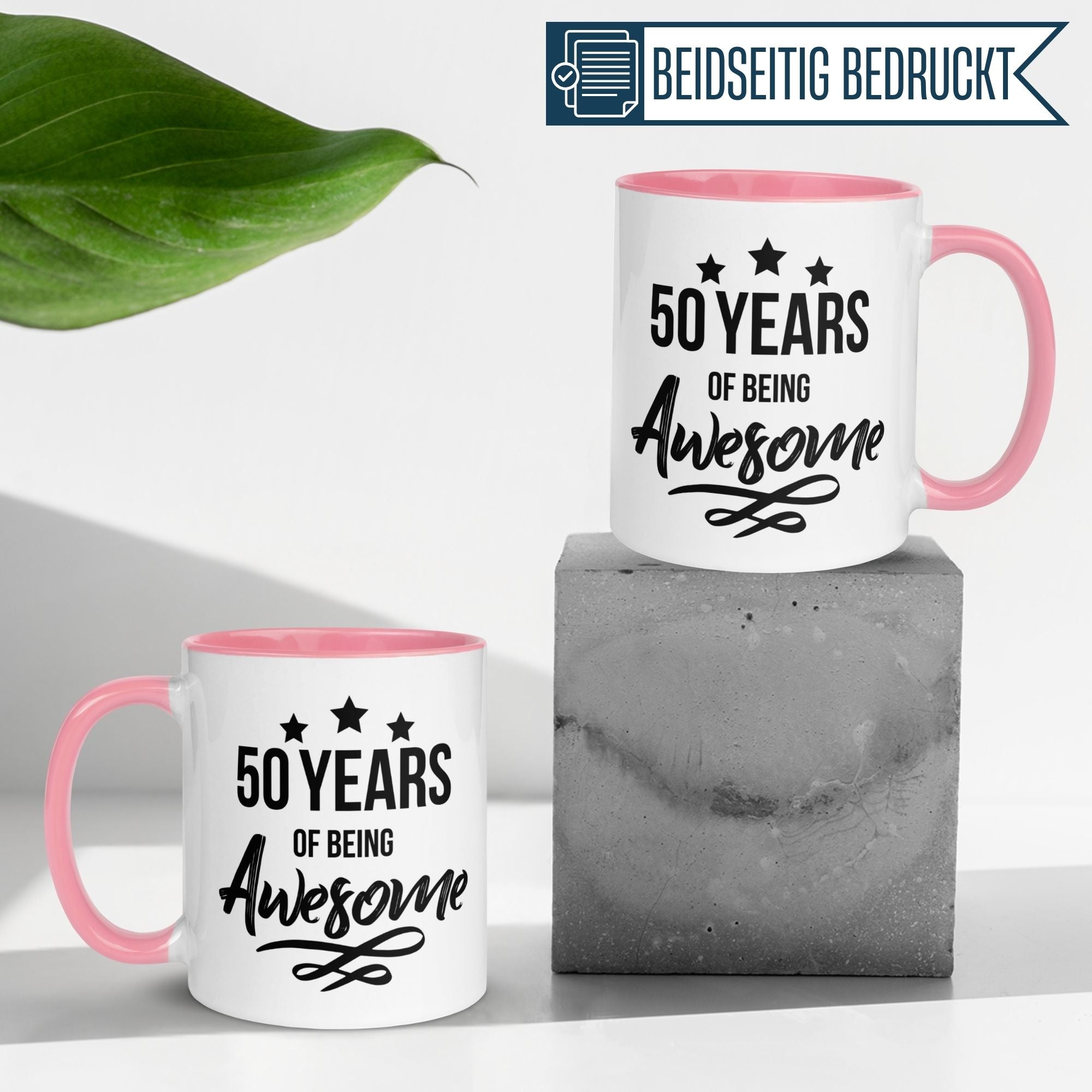 Momentals 50th birthday mug featuring the text '50 Years of Being Awesome' in stylish design.