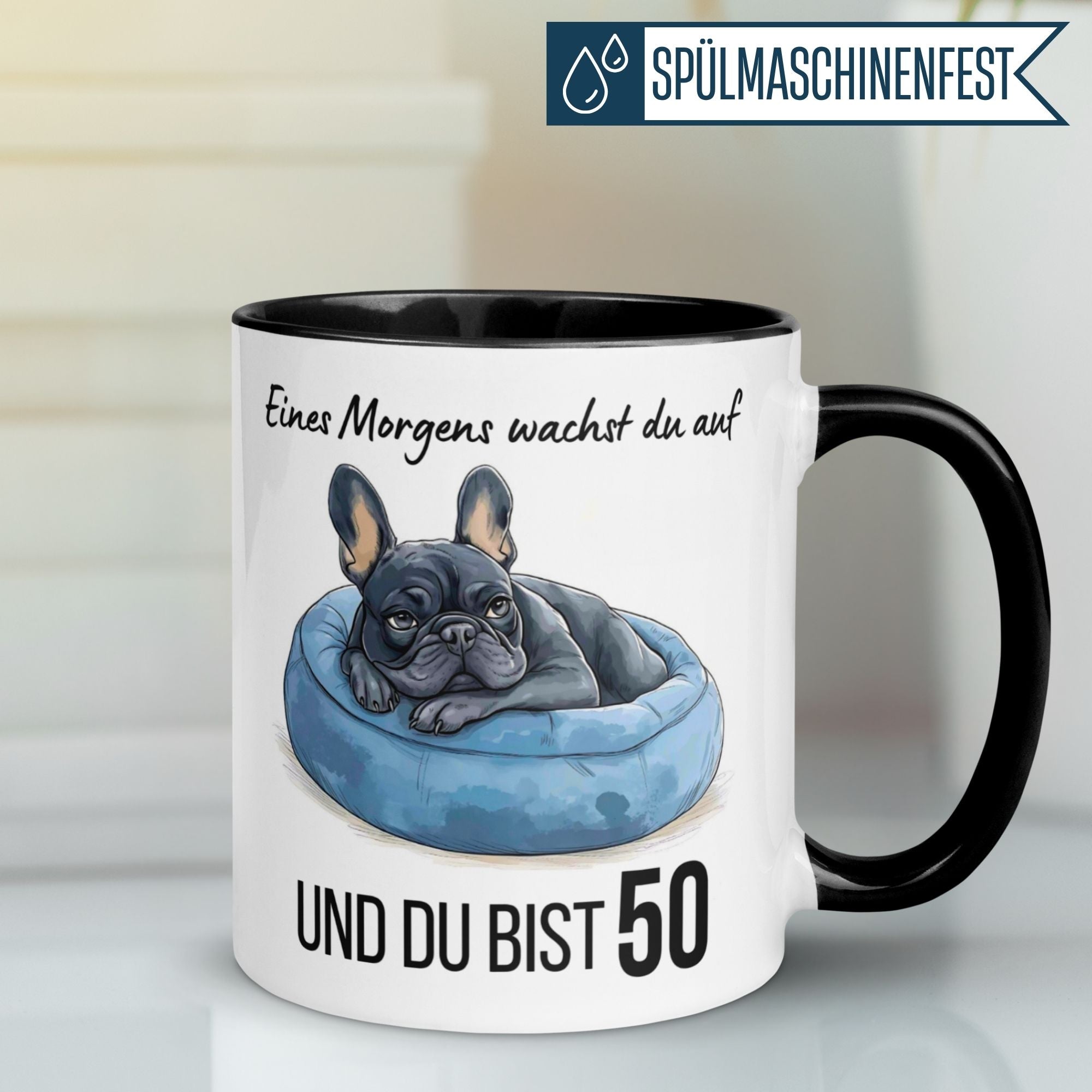Humorous birthday mug for men featuring a bulldog and the quote 'Eines Morgens wachst du auf und du bist 50'.