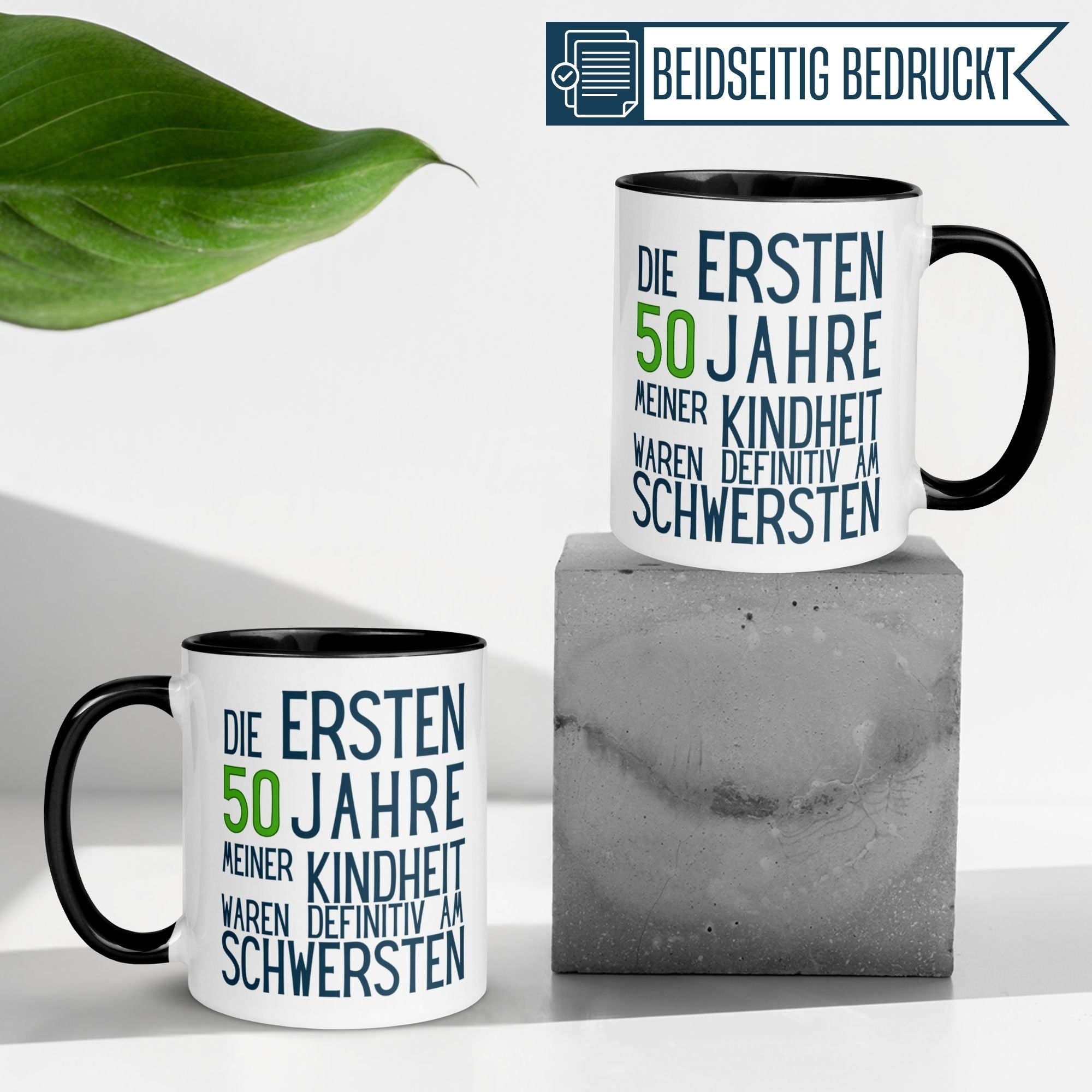 Momentals® Tasse zum 50. Geburtstag mit humorvollem Spruch über die Kindheit, perfekt als Geschenk.