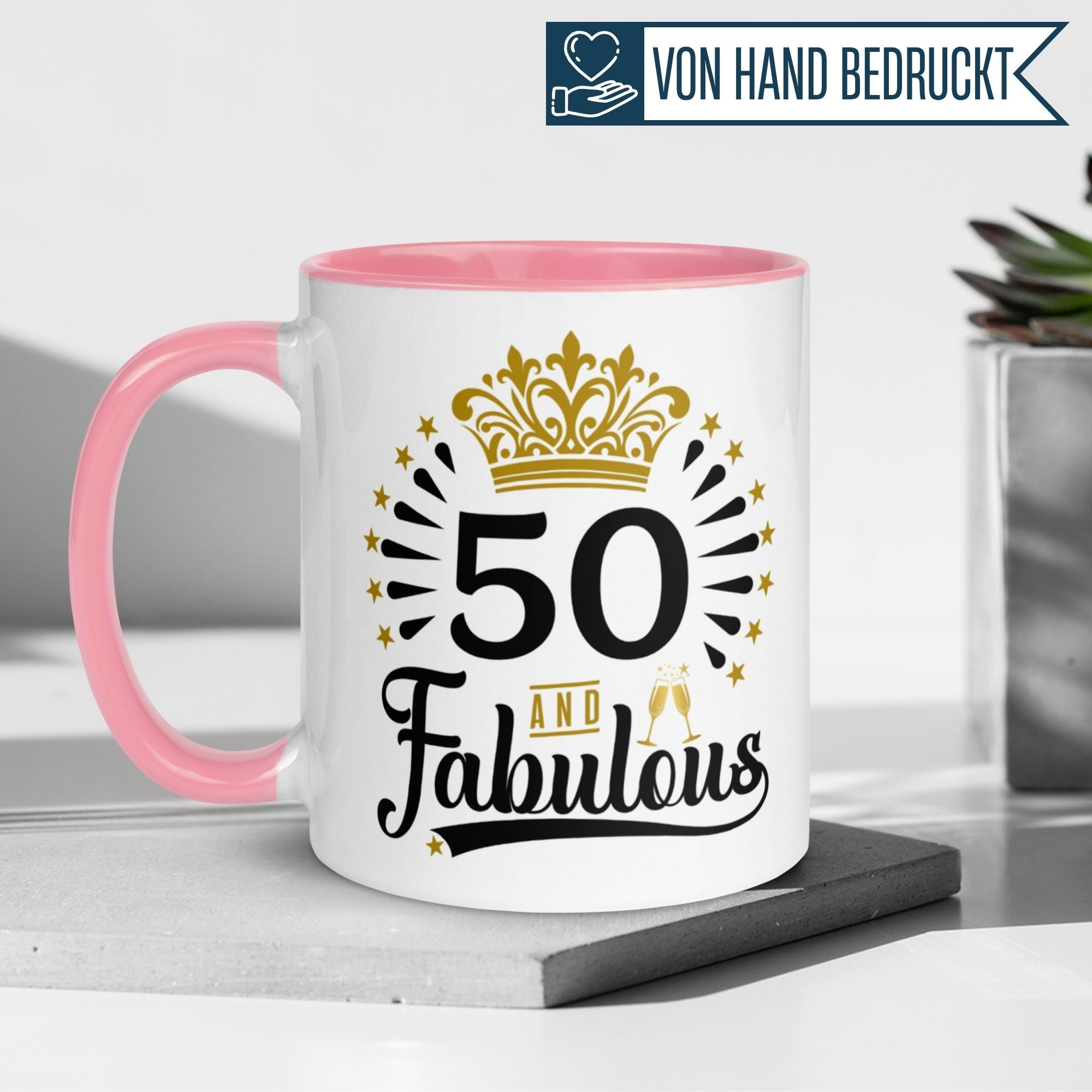 Momentals® Tasse "50 and Fabulous" mit Krone für den 50. Geburtstag in Pink.