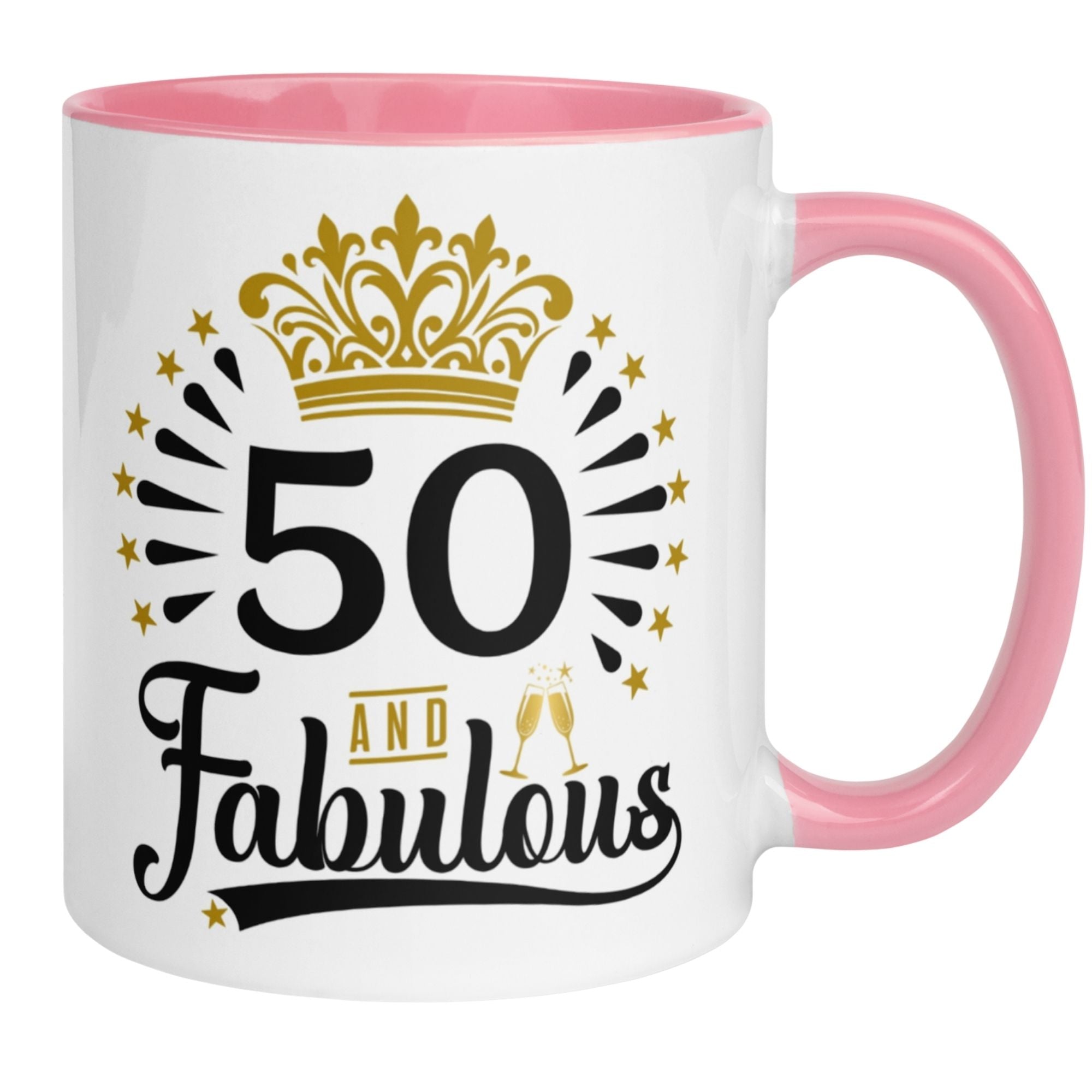 Momentals® Tasse zum 50. Geburtstag mit Krone und Spruch "50 and Fabulous" für Frauen.