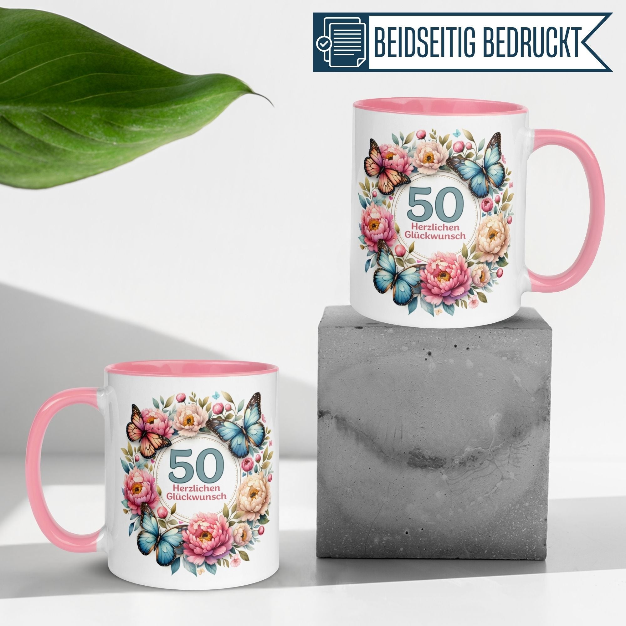 Beidseitig bedruckte Geburtstagstasse zum 50. mit Schmetterlingen und Blumen, perfekt für jede Feier.