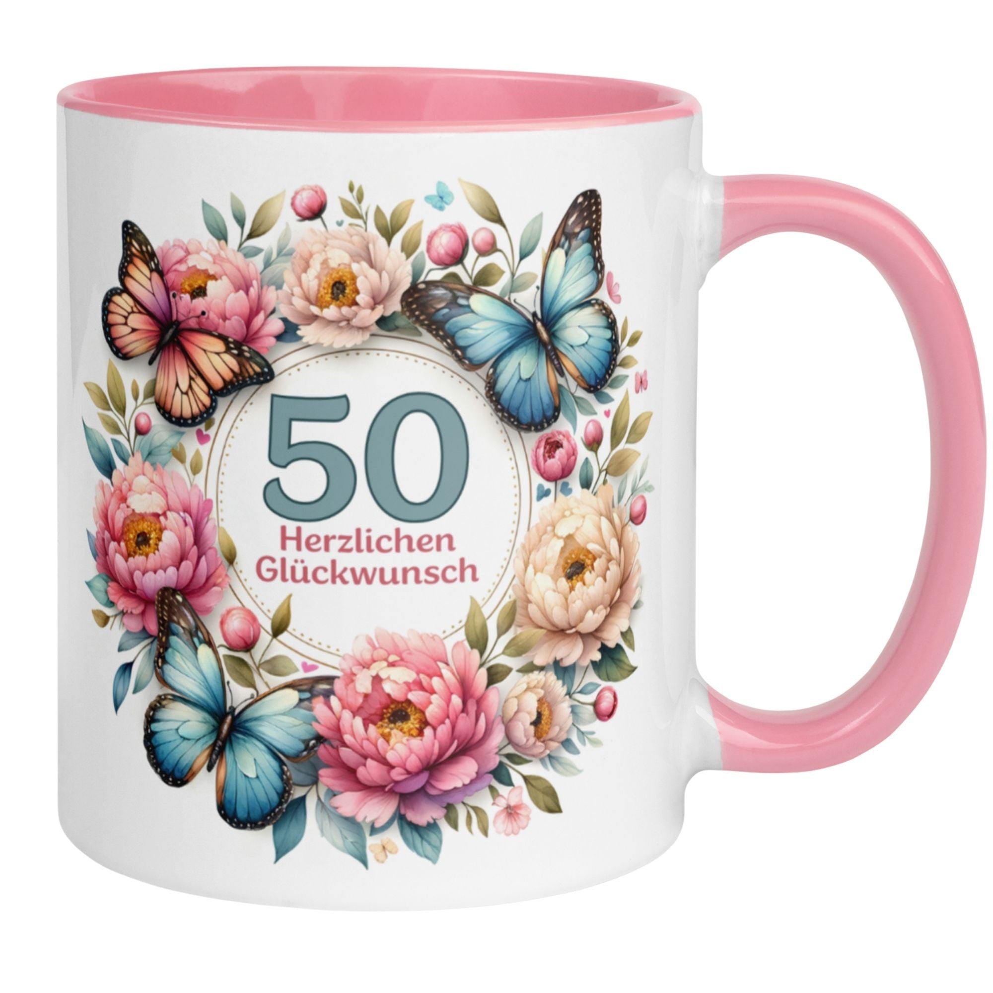 Momentals® birthday mug for 50th with butterflies and flowers, perfect gift for a joyful birthday celebration.