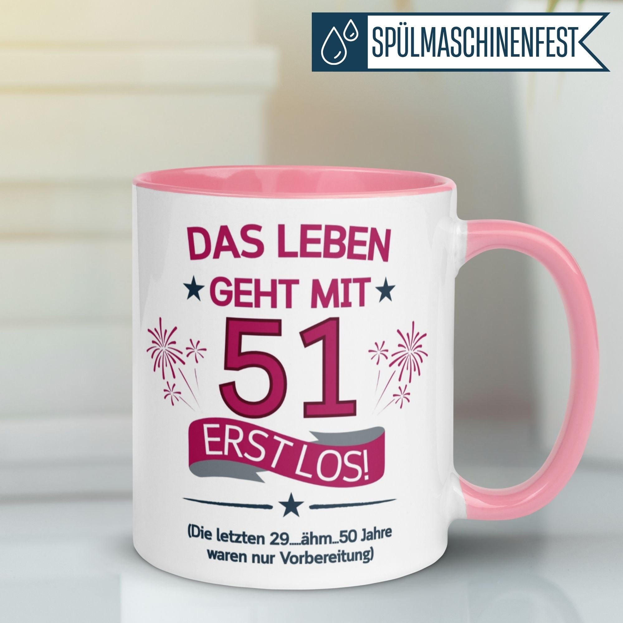 Momentals® Tasse für den 51. Geburtstag mit witzigem Spruch und Feuerwerk-Design