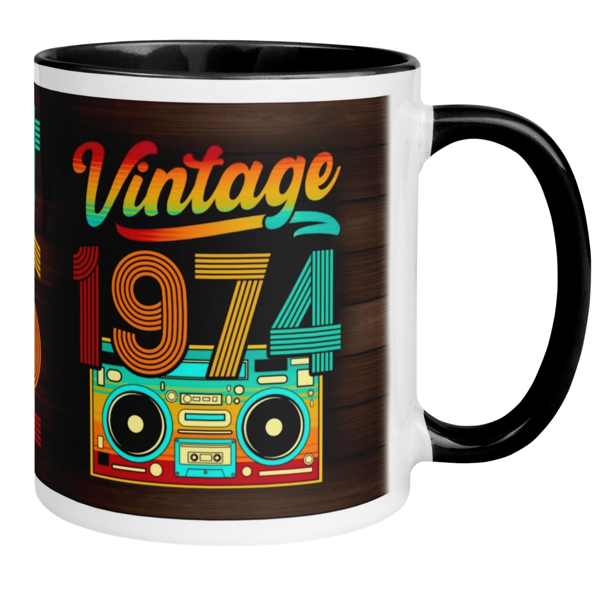Momentals® 51. Geburtstag Tasse mit Retro-Vintage 1974 Design und bunten Boombox-Illustrationen.