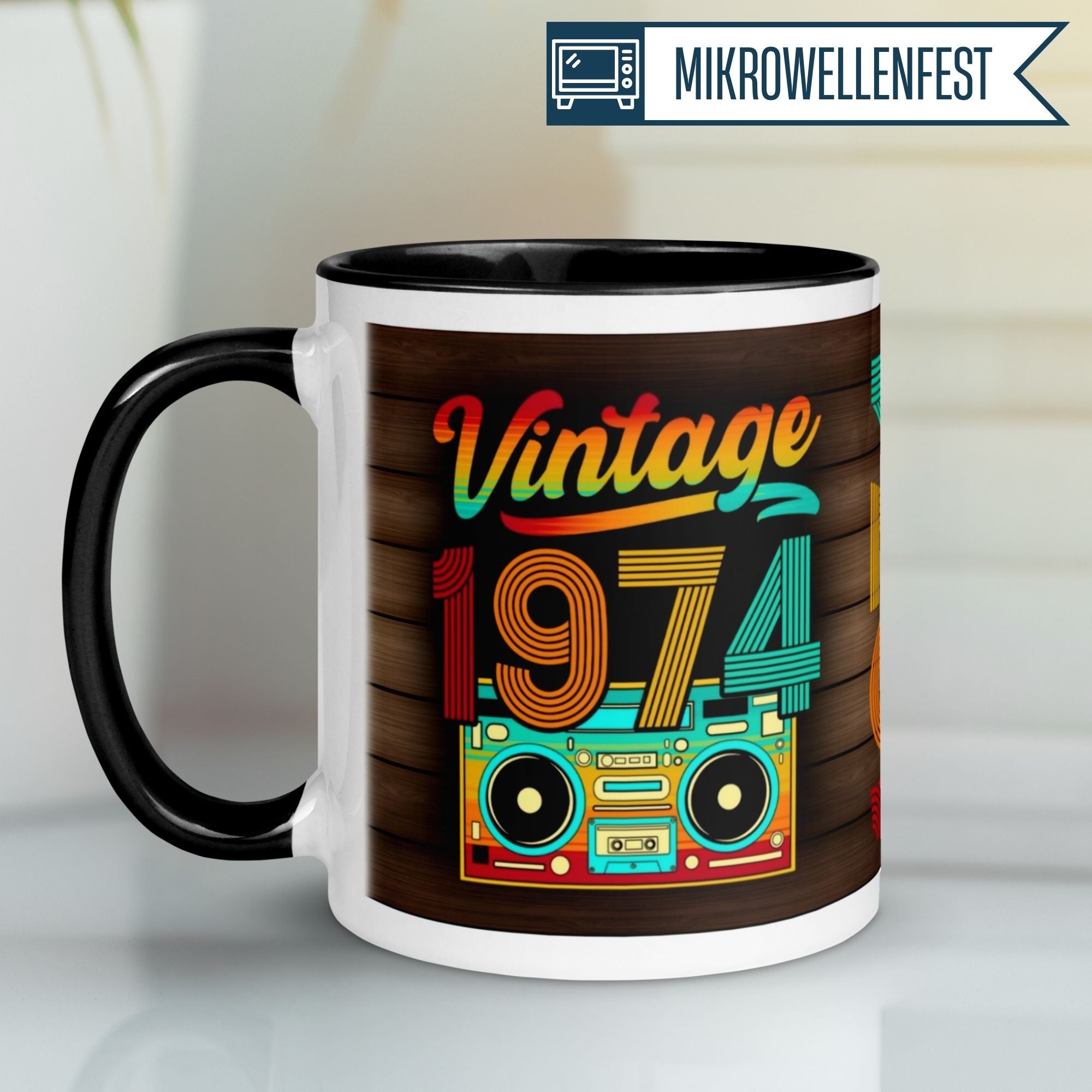 Vintage 1974 coffee mug featuring colorful retro design, perfect for celebrating a 51st birthday.