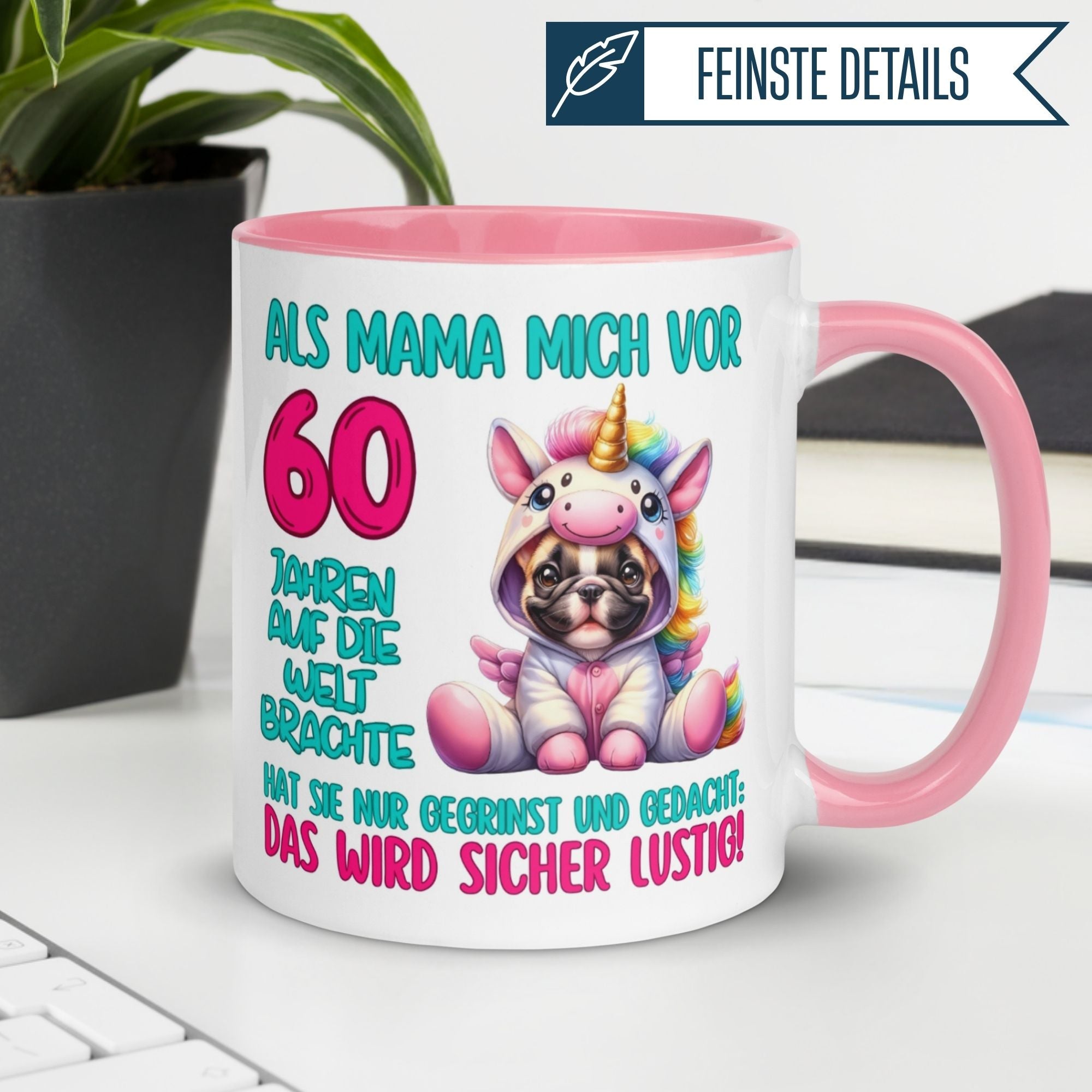 Momentals® Tasse zum 60. Geburtstag mit Einhorn und Hund, perfekt für Kaffee oder Tee.